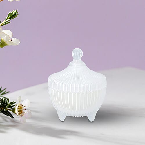 The 5th Season - Stripes Crown Glass Cups Candle with Rose Quartz and Glass Lid - White