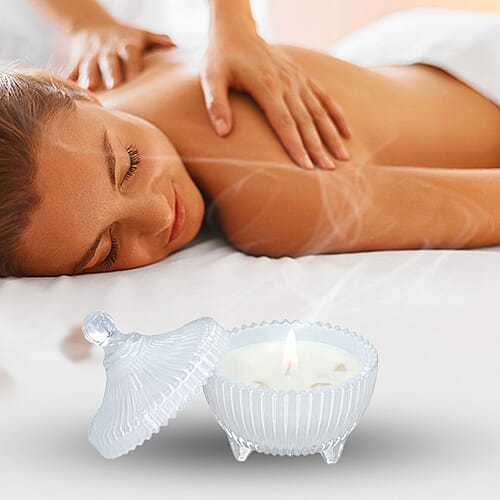 The 5th Season - Stripes Crown Glass Cups Candle with Rose Quartz and Glass Lid - White