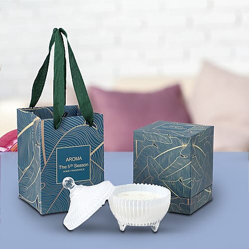 The 5th Season - Stripes Crown Glass Cups Candle with Rose Quartz and Glass Lid - White