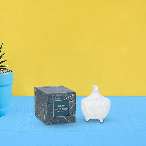 The 5th Season - Stripes Crown Glass Cups Candle with Rose Quartz and Glass Lid - White