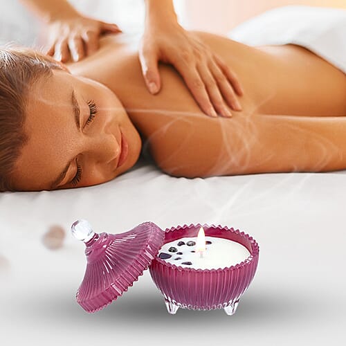 Close Out Deal  - Scented Soybean Wax Candle with Amethyst in Purple Striped Glass Container