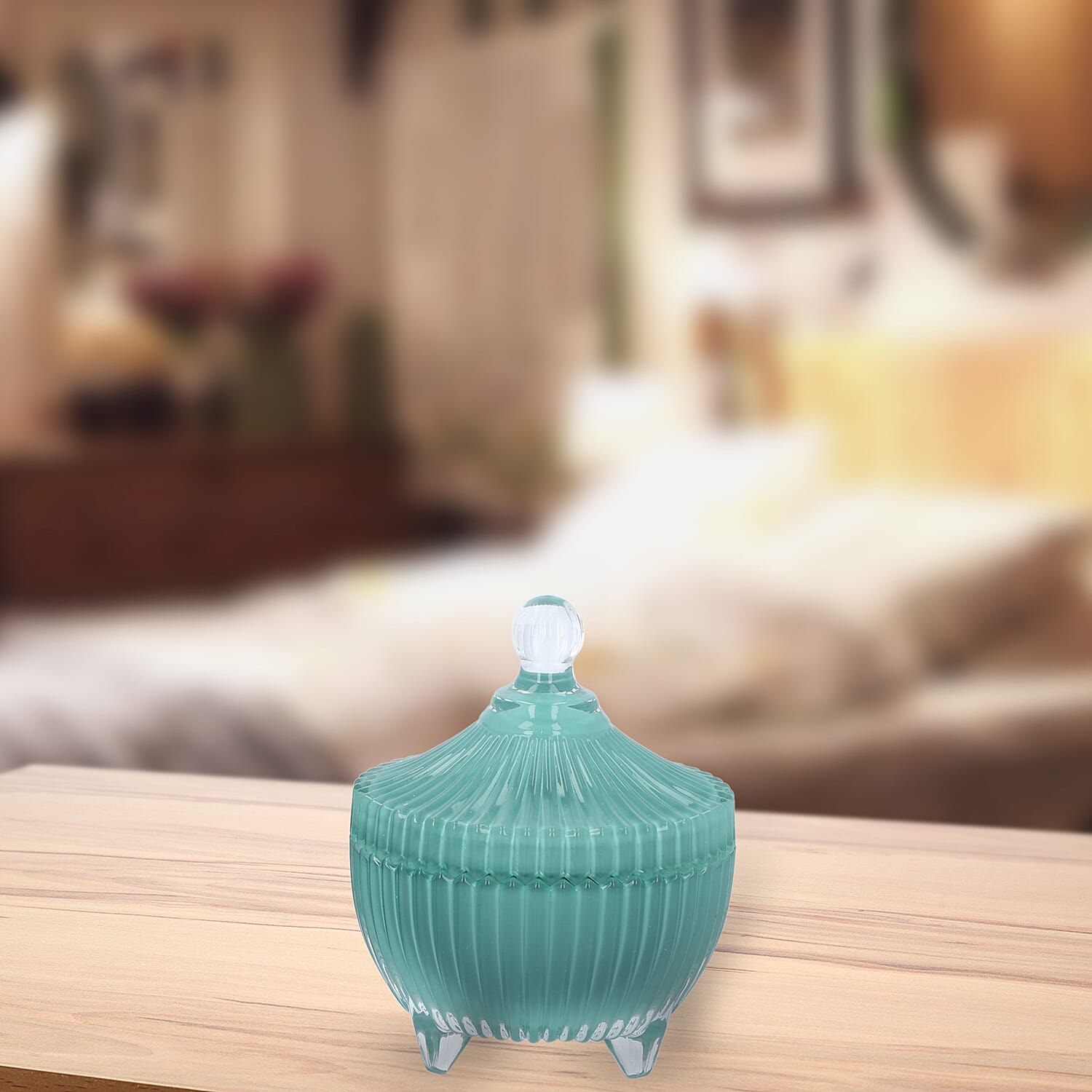 Close Out Deal  - Scented Soybean Candle with Green Aventurine in Green Striped Glass Container