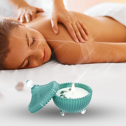 Close Out Deal  - Scented Soybean Candle with Green Aventurine in Green Striped Glass Container