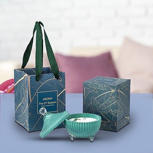 Close Out Deal  - Scented Soybean Candle with Green Aventurine in Green Striped Glass Container