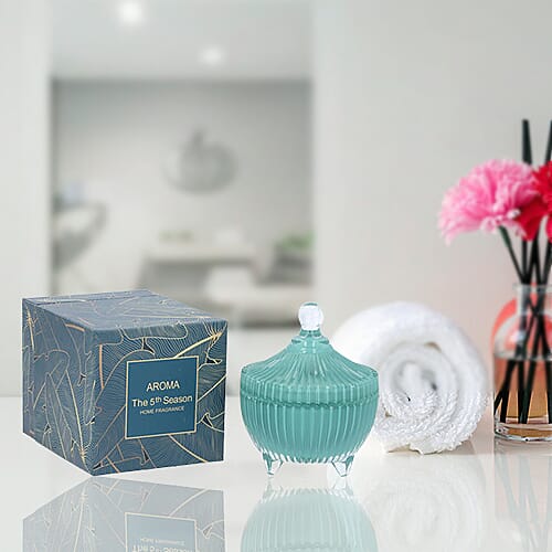 Close Out Deal  - Scented Soybean Candle with Green Aventurine in Green Striped Glass Container