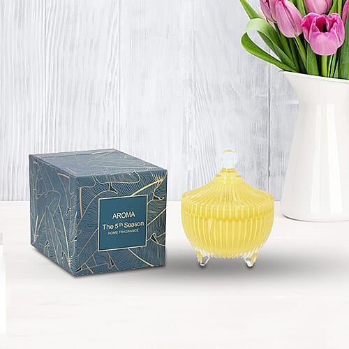 Close Out Deal  - Scented Soybean Candle with Citrine in Yellow Striped Glass Container
