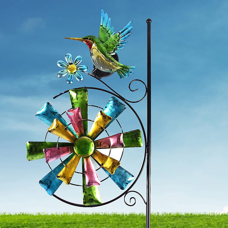 Garden Theme Hummingbird Pattern Wind Spinner with Solar Light (Size 28x7x117cm) - Green and Multi