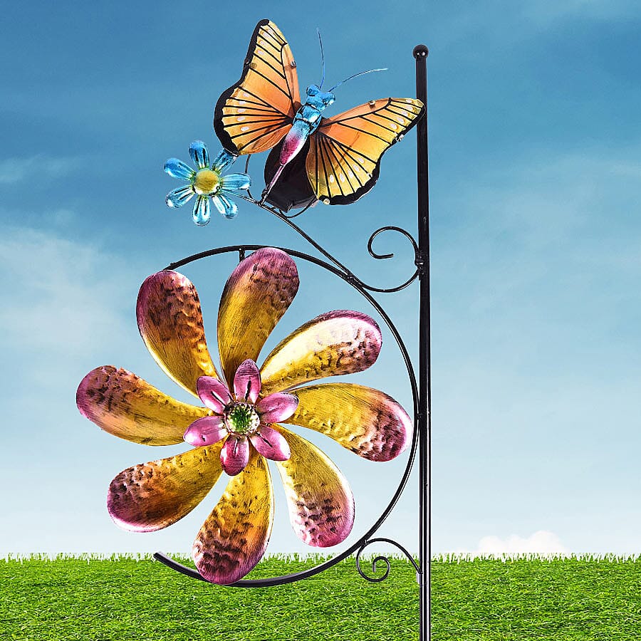 Garden Theme Butterfly Pattern Wind Spinner with Solar Light (Size 28x7x117cm) - Yellow and Multi