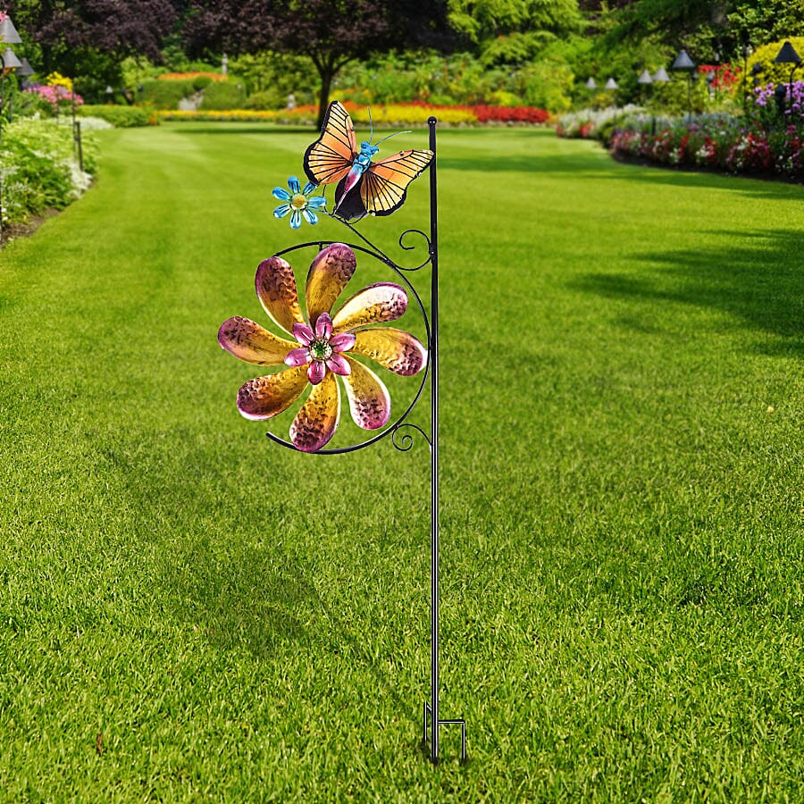 Garden Theme Butterfly Pattern Wind Spinner with Solar Light (Size 28x7x117cm) - Yellow and Multi
