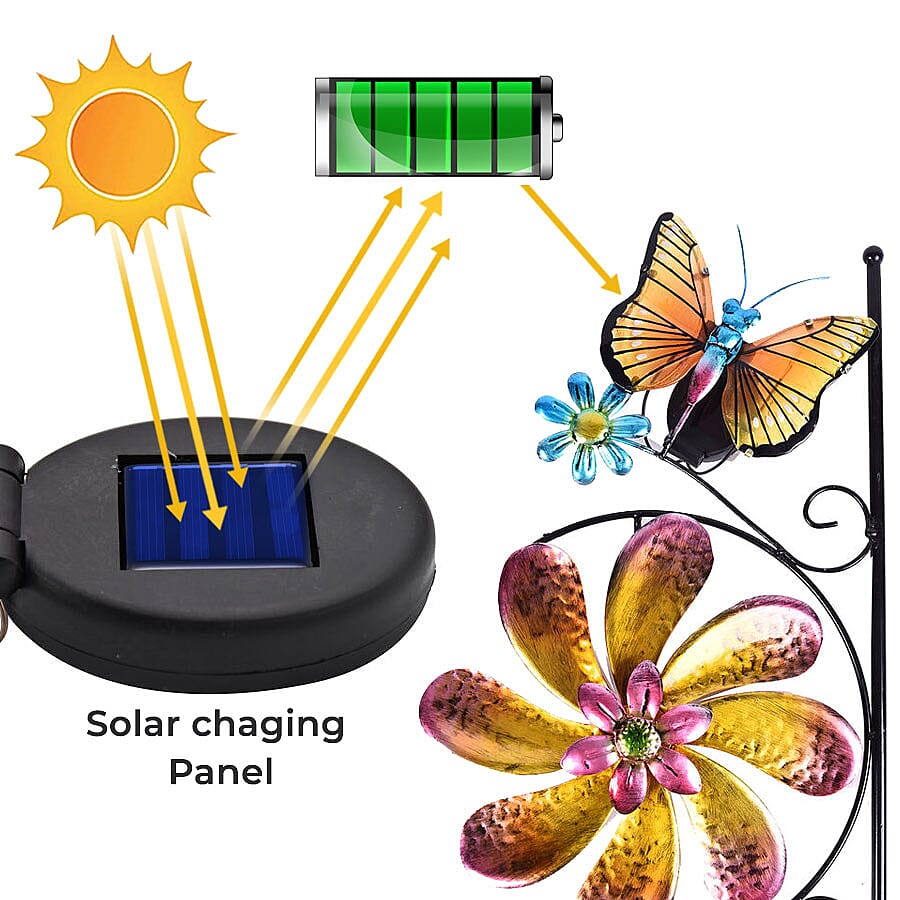 Garden Theme Butterfly Pattern Wind Spinner with Solar Light (Size 28x7x117cm) - Yellow and Multi