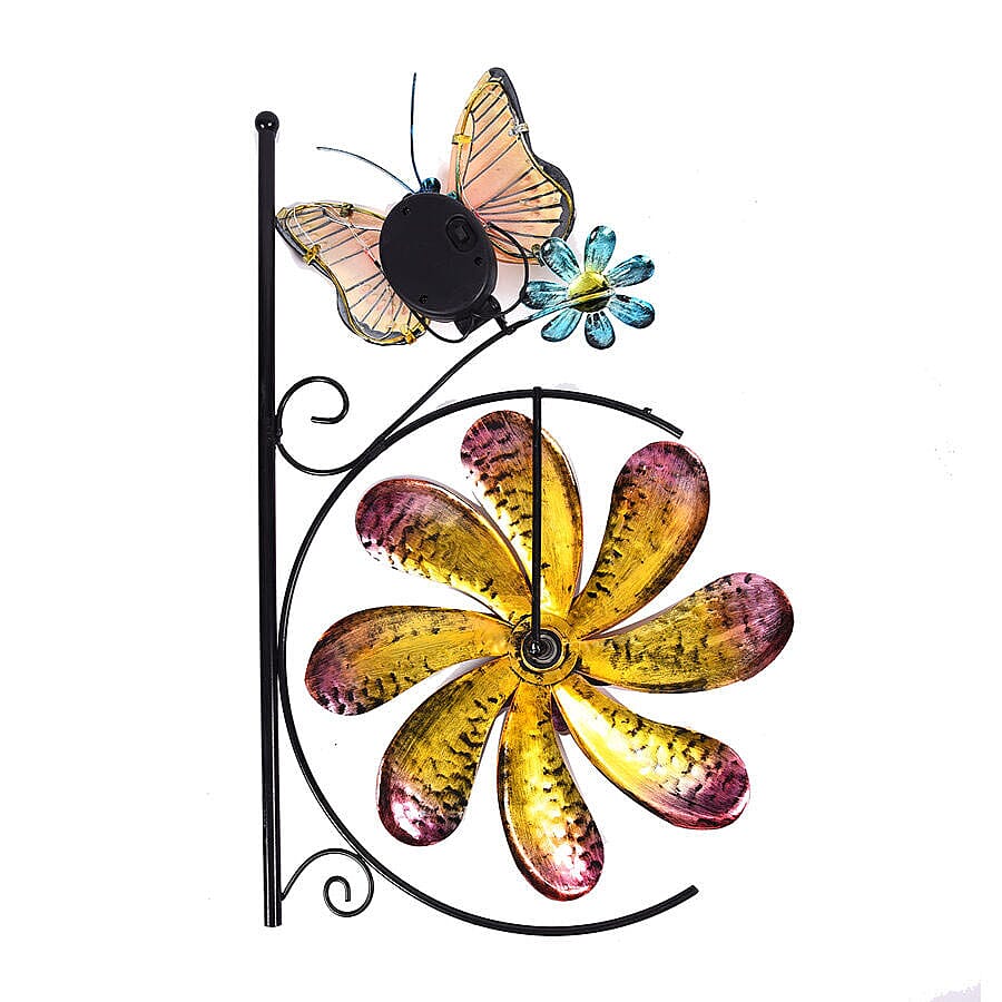 Garden Theme Butterfly Pattern Wind Spinner with Solar Light (Size 28x7x117cm) - Yellow and Multi