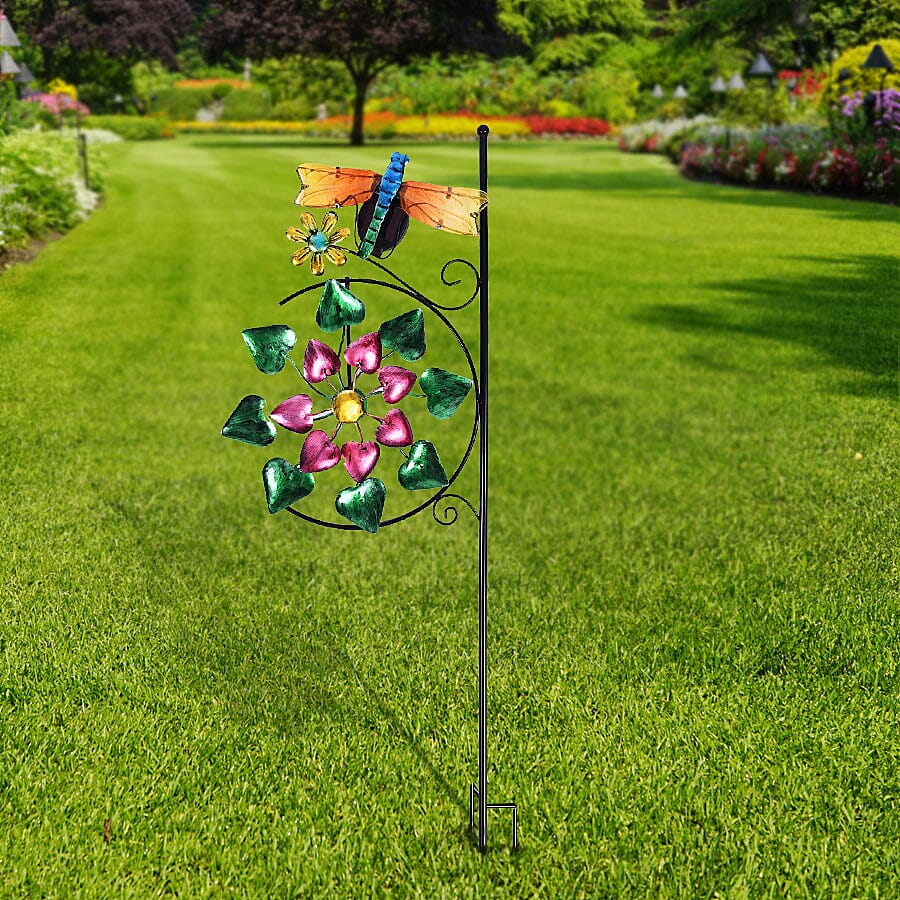 Garden Theme Dragonfly Pattern Wind Spinner with Solar Light (Size 28x7x117cm) - Blue, Yellow and Multi