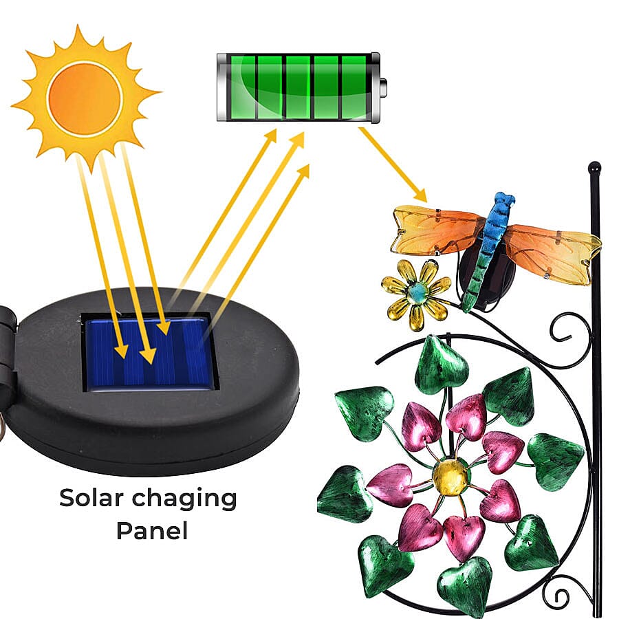 Garden Theme Dragonfly Pattern Wind Spinner with Solar Light (Size 28x7x117cm) - Blue, Yellow and Multi