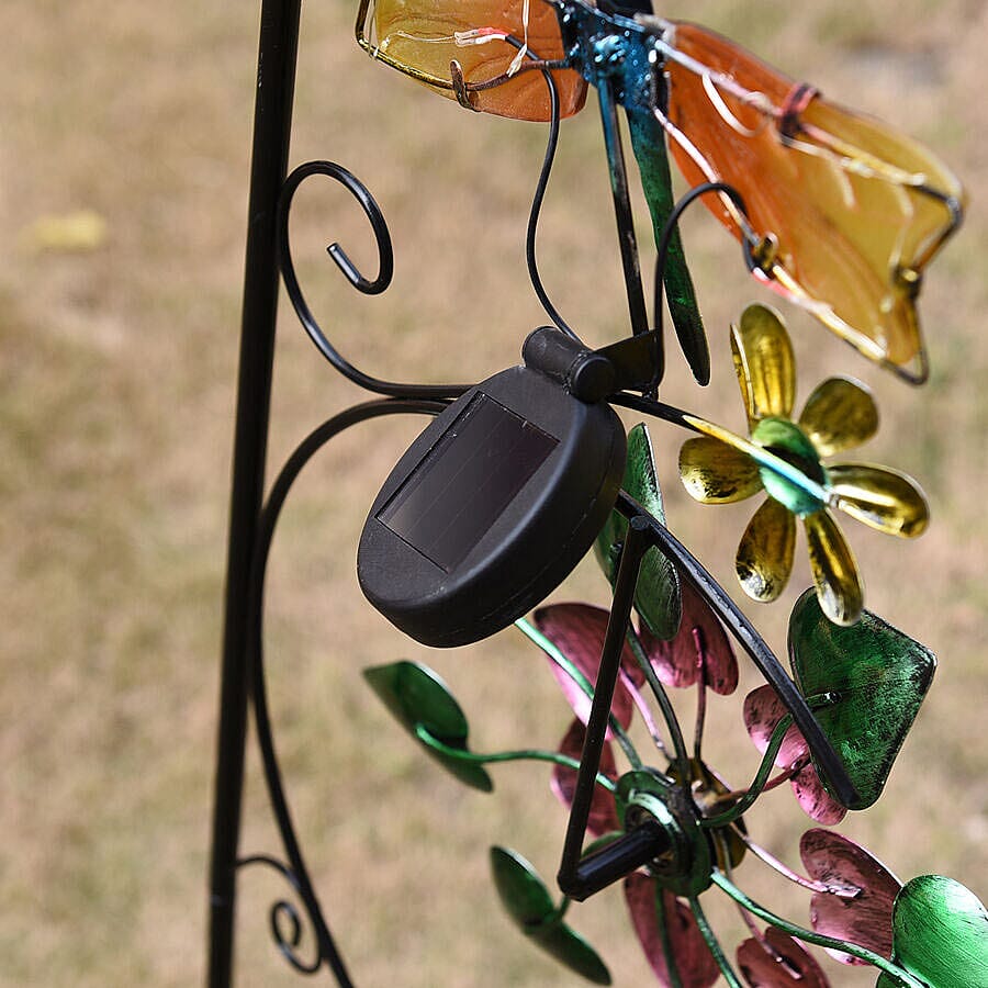 Garden Theme Dragonfly Pattern Wind Spinner with Solar Light (Size 28x7x117cm) - Blue, Yellow and Multi