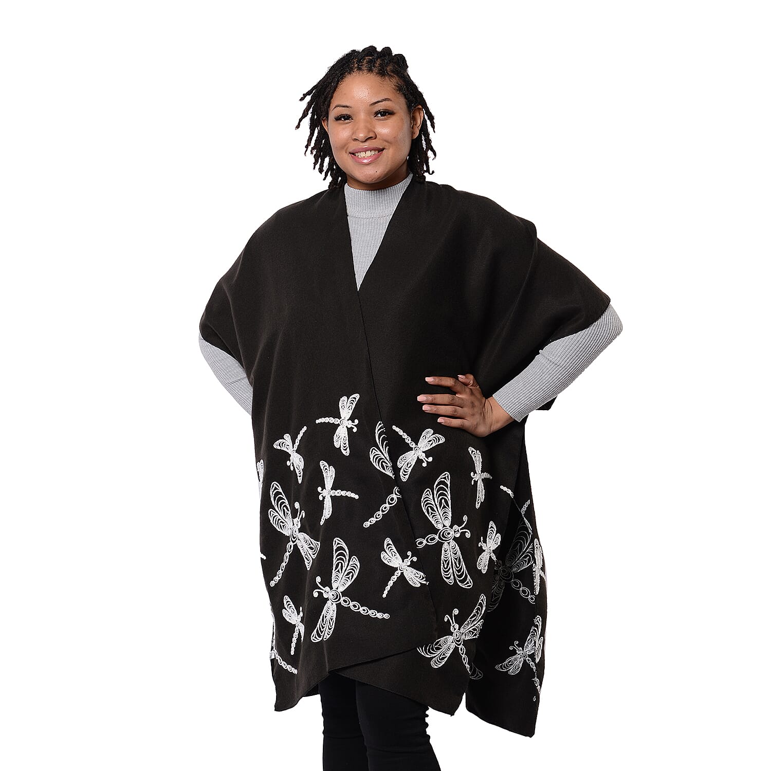 New Arrival Short Sleeve Black Kimono with White Drangonfly Embroidered (Size 90x95cm)
