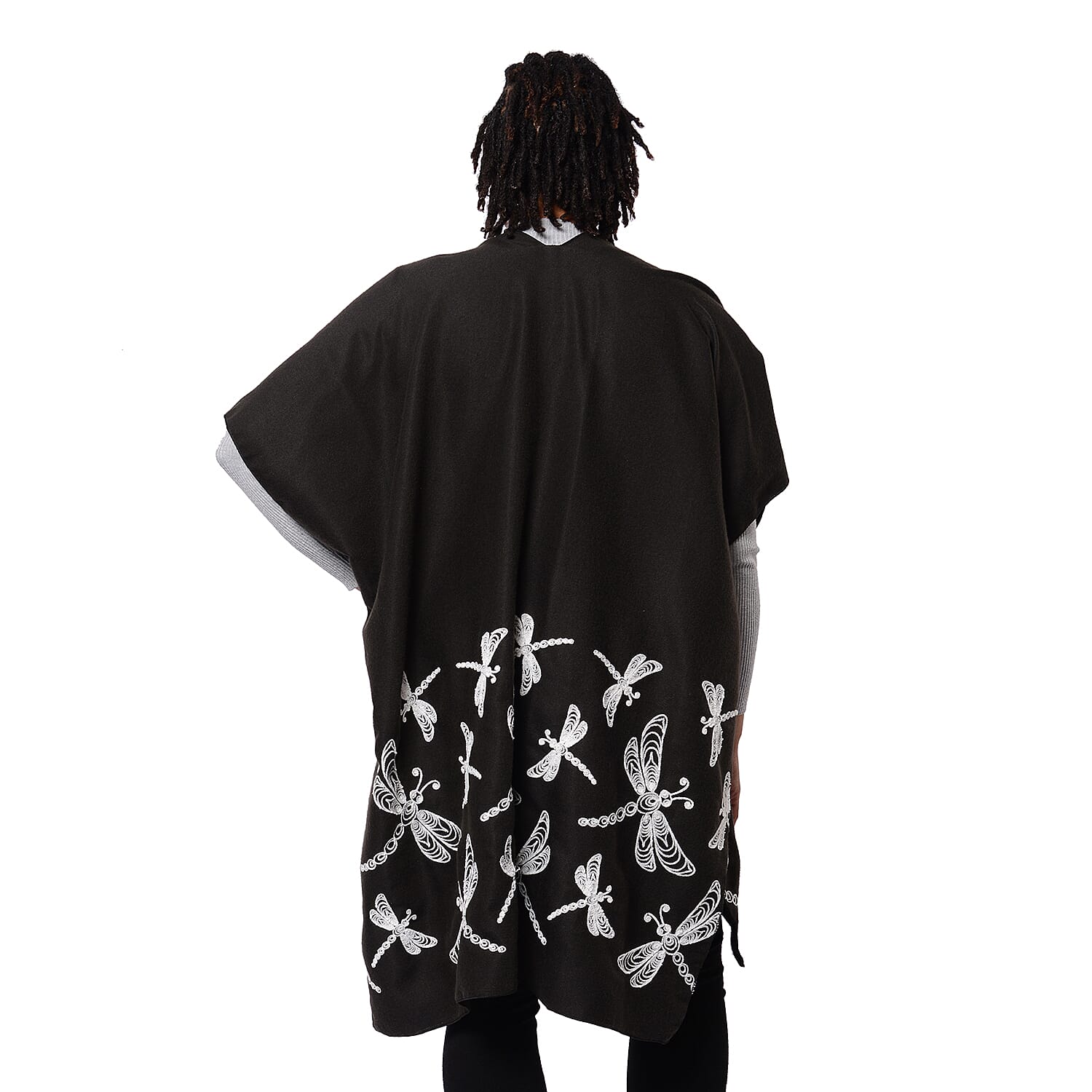 New Arrival Short Sleeve Black Kimono with White Drangonfly Embroidered (Size 90x95cm)
