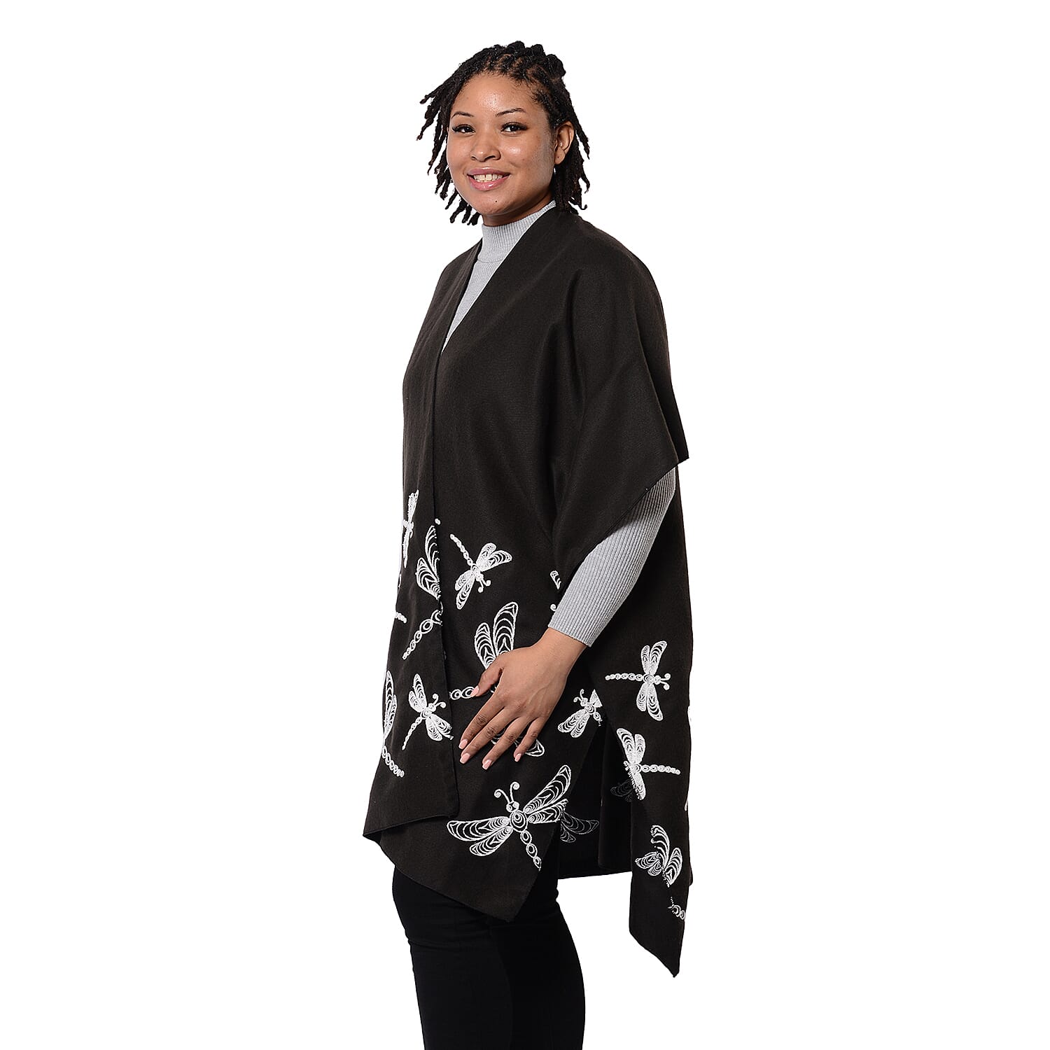 New Arrival Short Sleeve Black Kimono with White Drangonfly Embroidered (Size 90x95cm)
