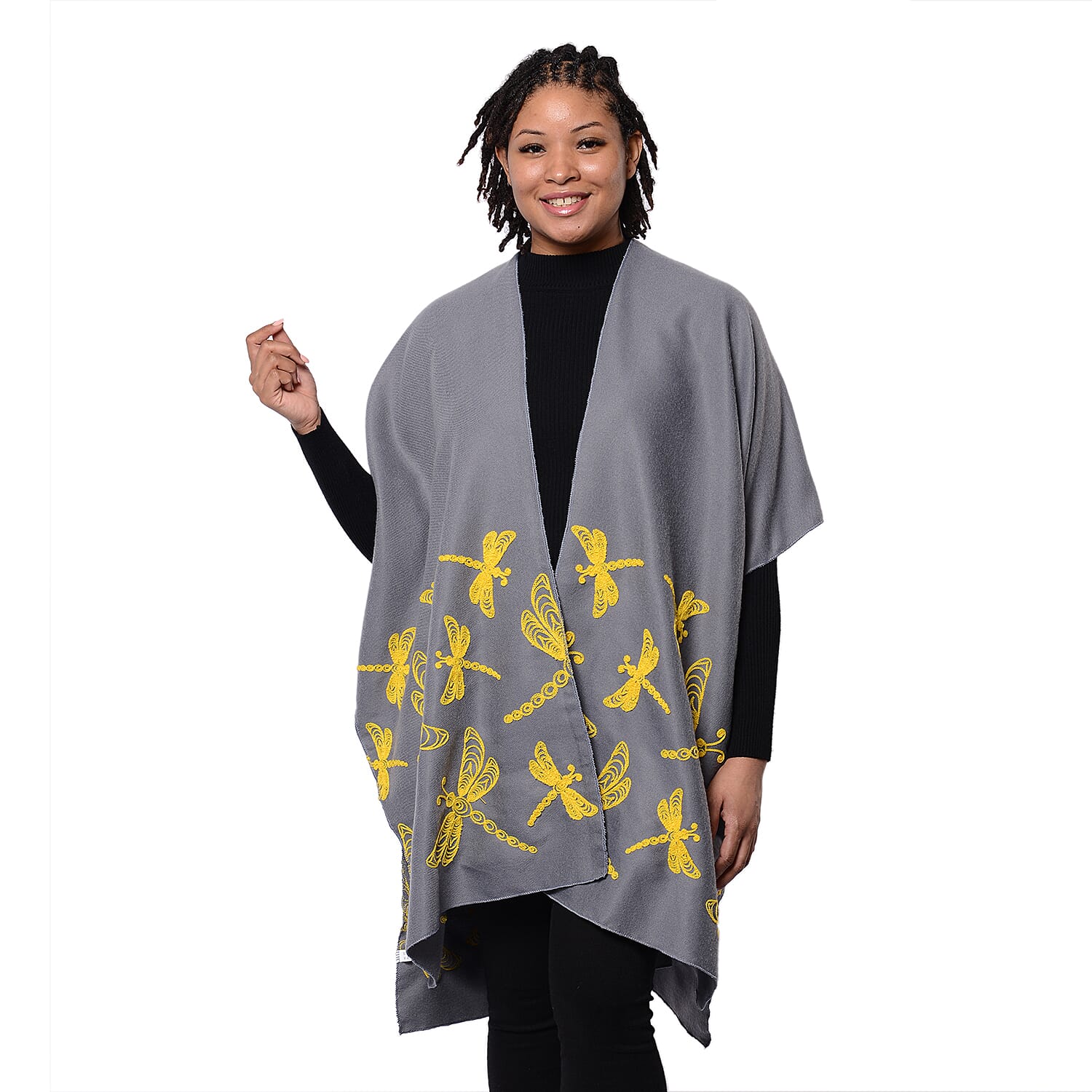 New Arrival Short Sleeve Grey Kimono with Yellow Dragonfly Embroidered (Size 90x95cm)