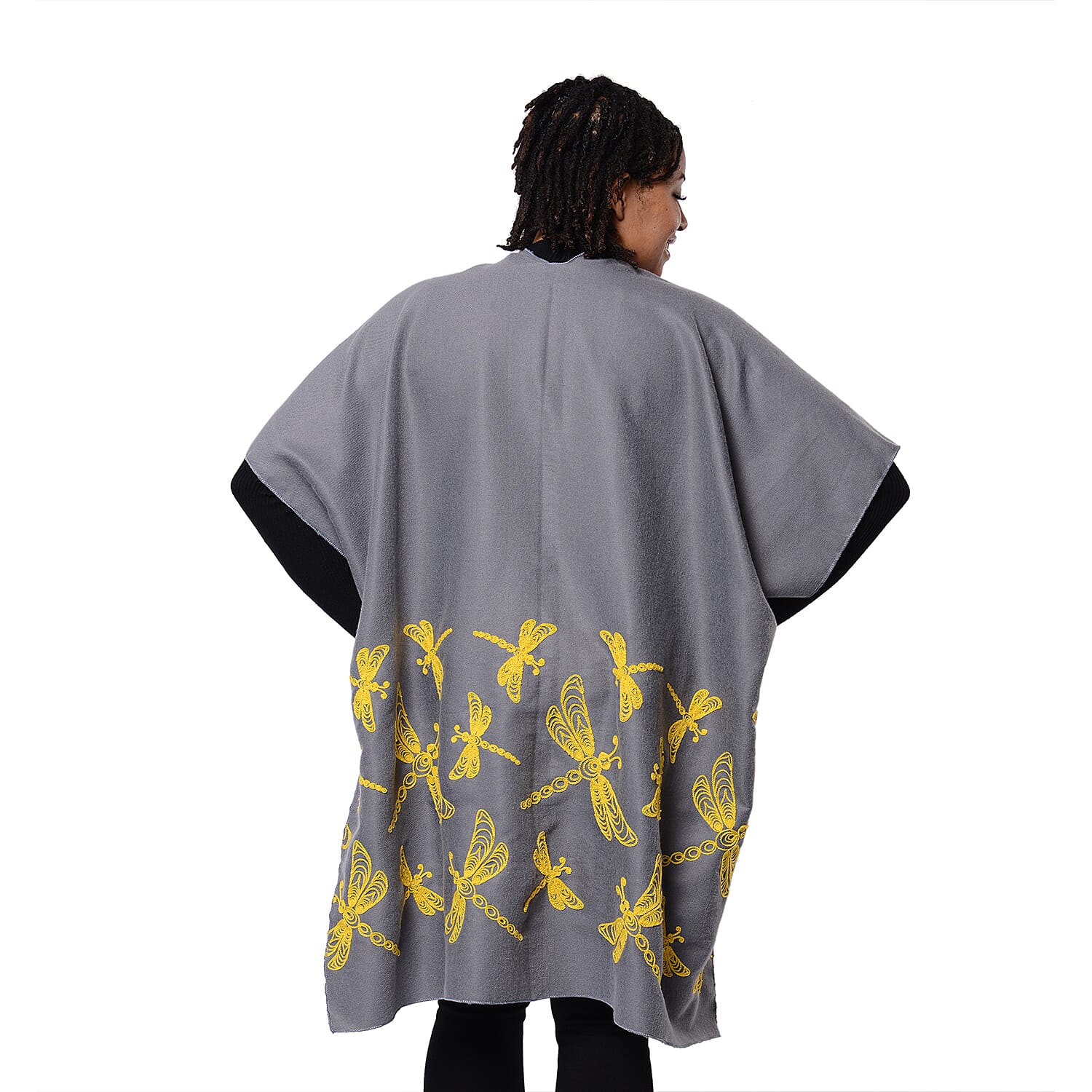 New Arrival Short Sleeve Grey Kimono with Yellow Dragonfly Embroidered (Size 90x95cm)