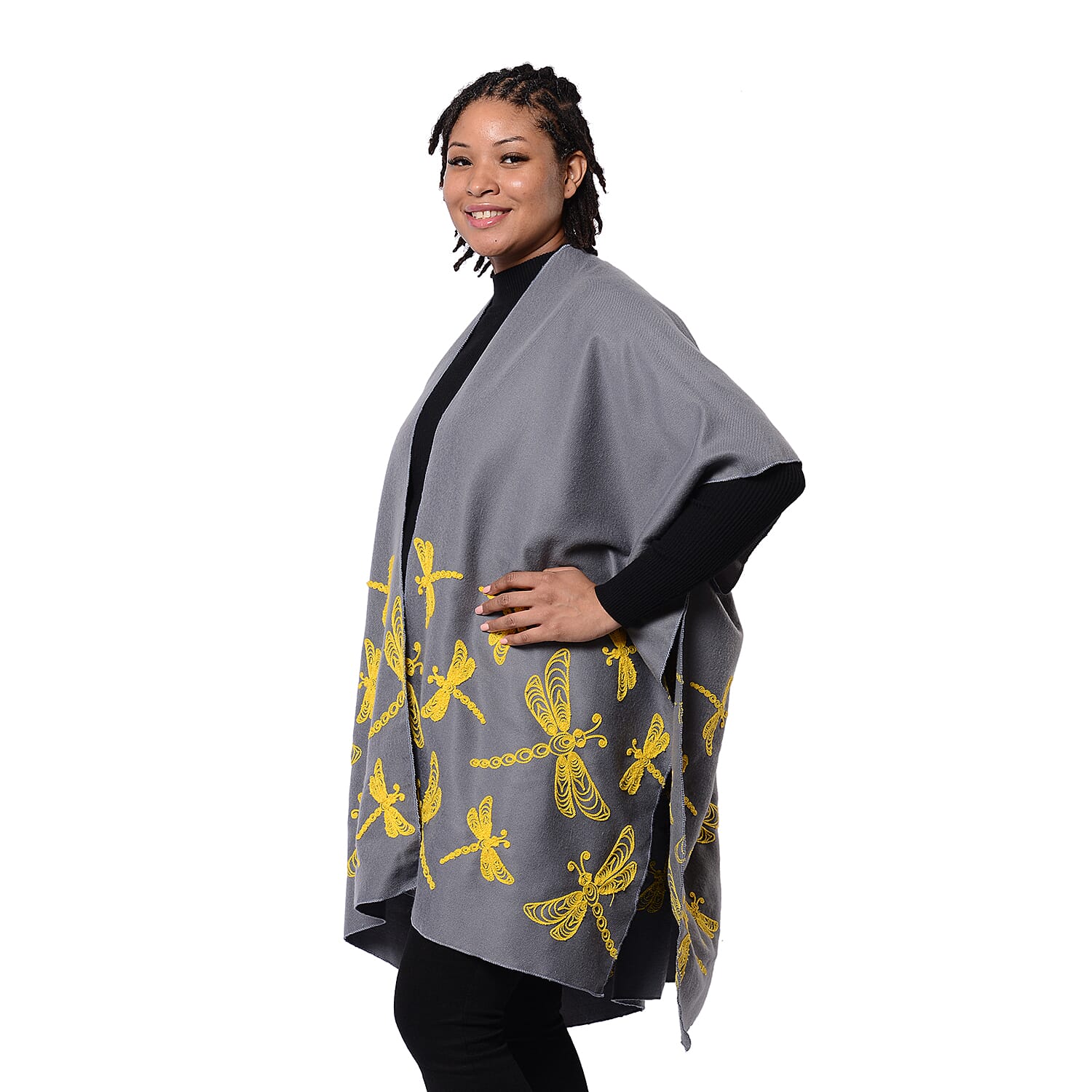 New Arrival Short Sleeve Grey Kimono with Yellow Dragonfly Embroidered (Size 90x95cm)