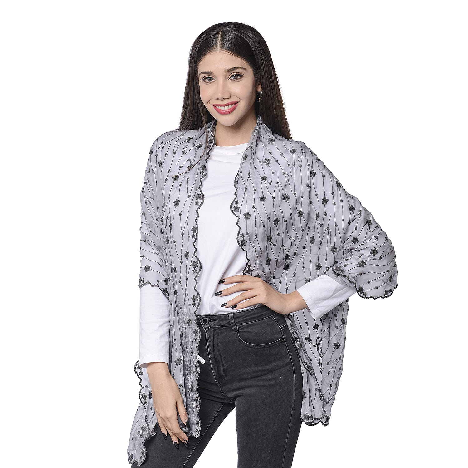 LA MAREY 100% Mulberry Silk Flower Vine Embroidery Pattern Scarf in Grey (180x58cm)