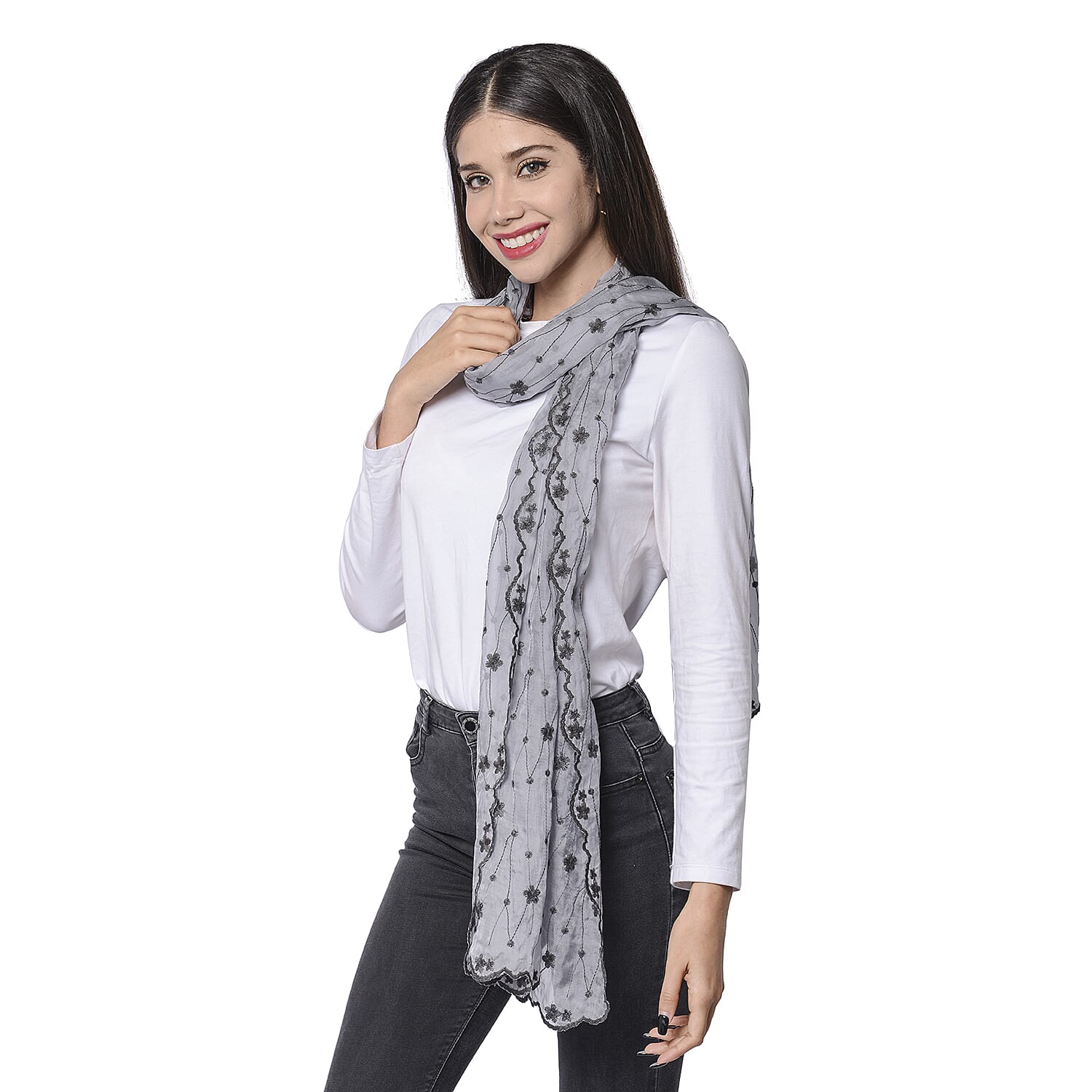 LA MAREY 100% Mulberry Silk Flower Vine Embroidery Pattern Scarf in Grey (180x58cm)