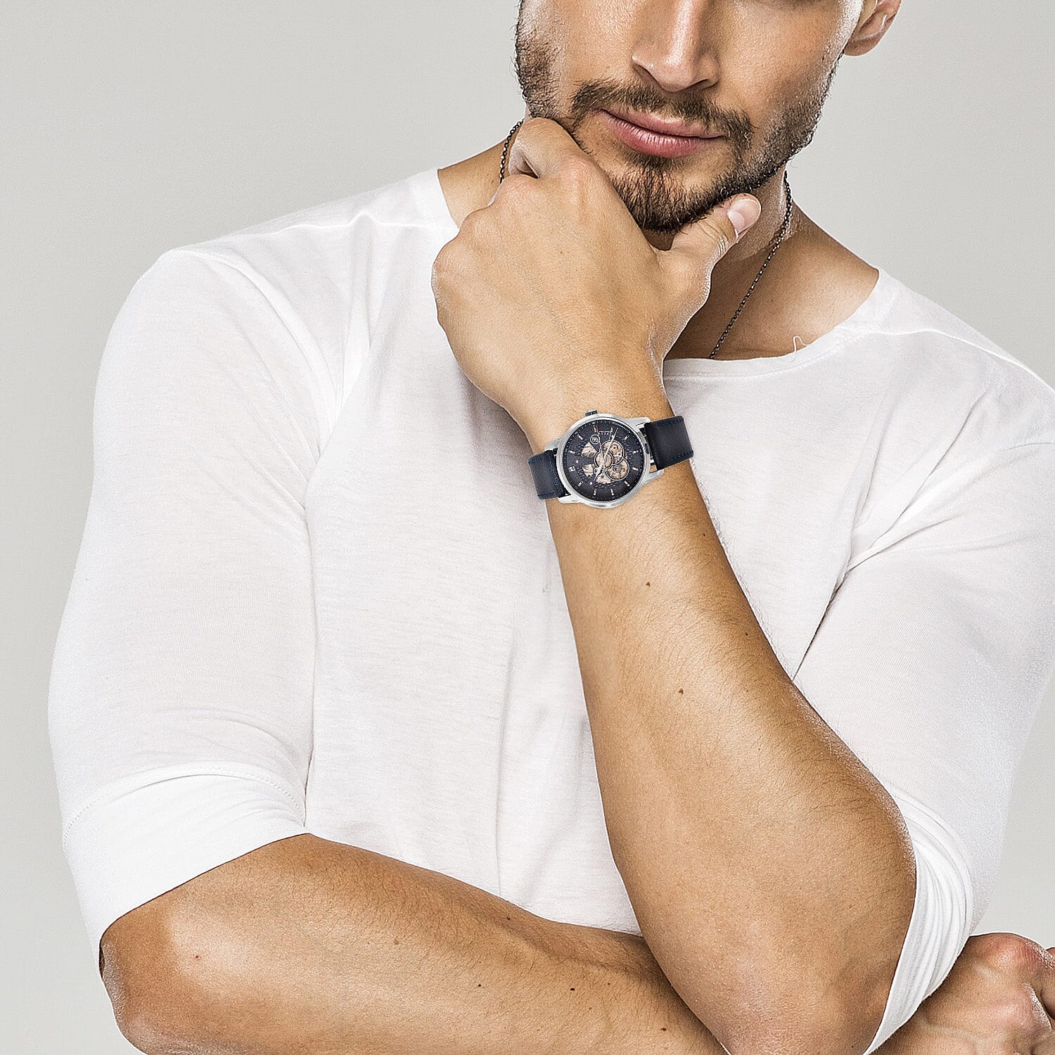 GENOA Classy Mechanical Silver Tone Watch with Navy Blue Strap