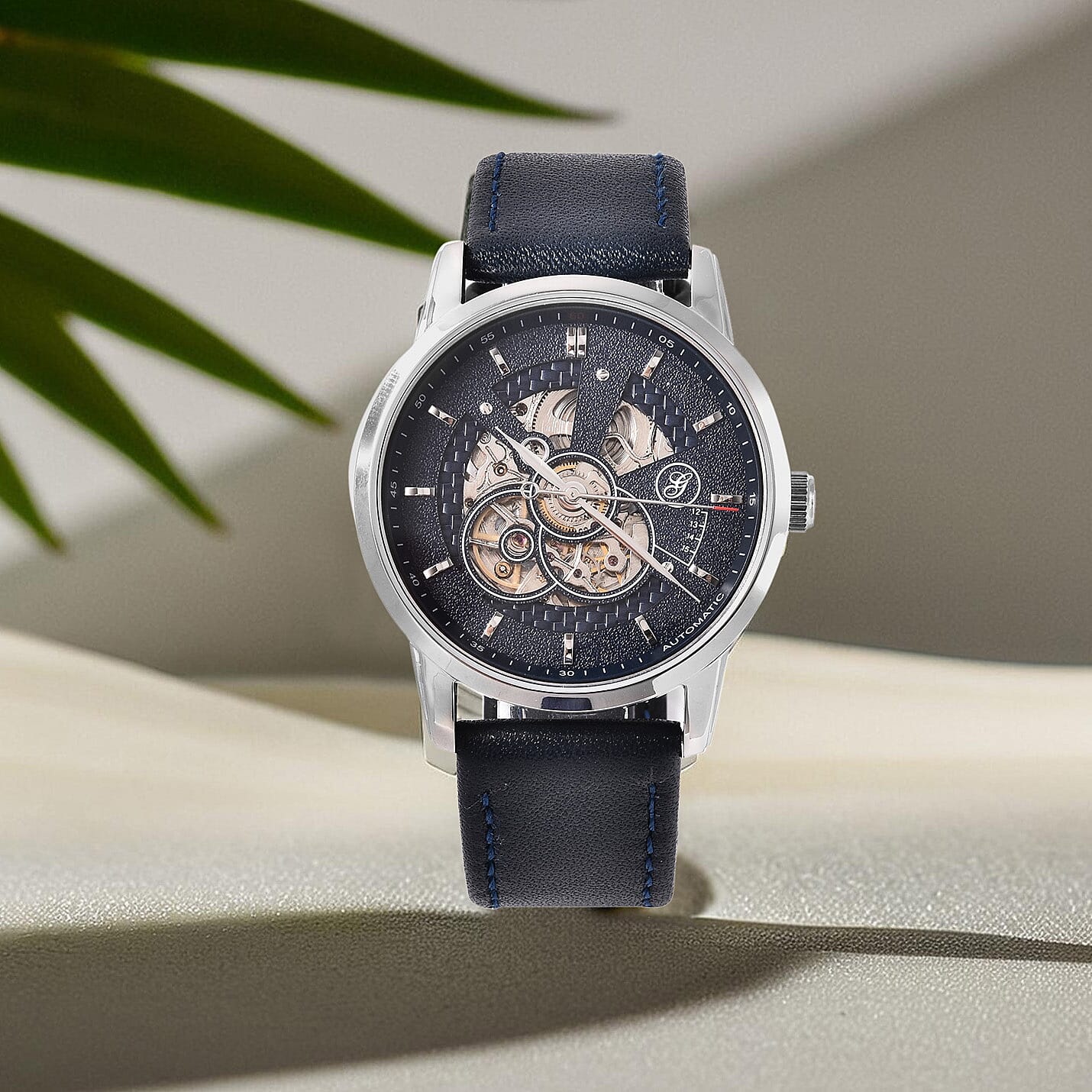 GENOA Classy Mechanical Silver Tone Watch with Navy Blue Strap