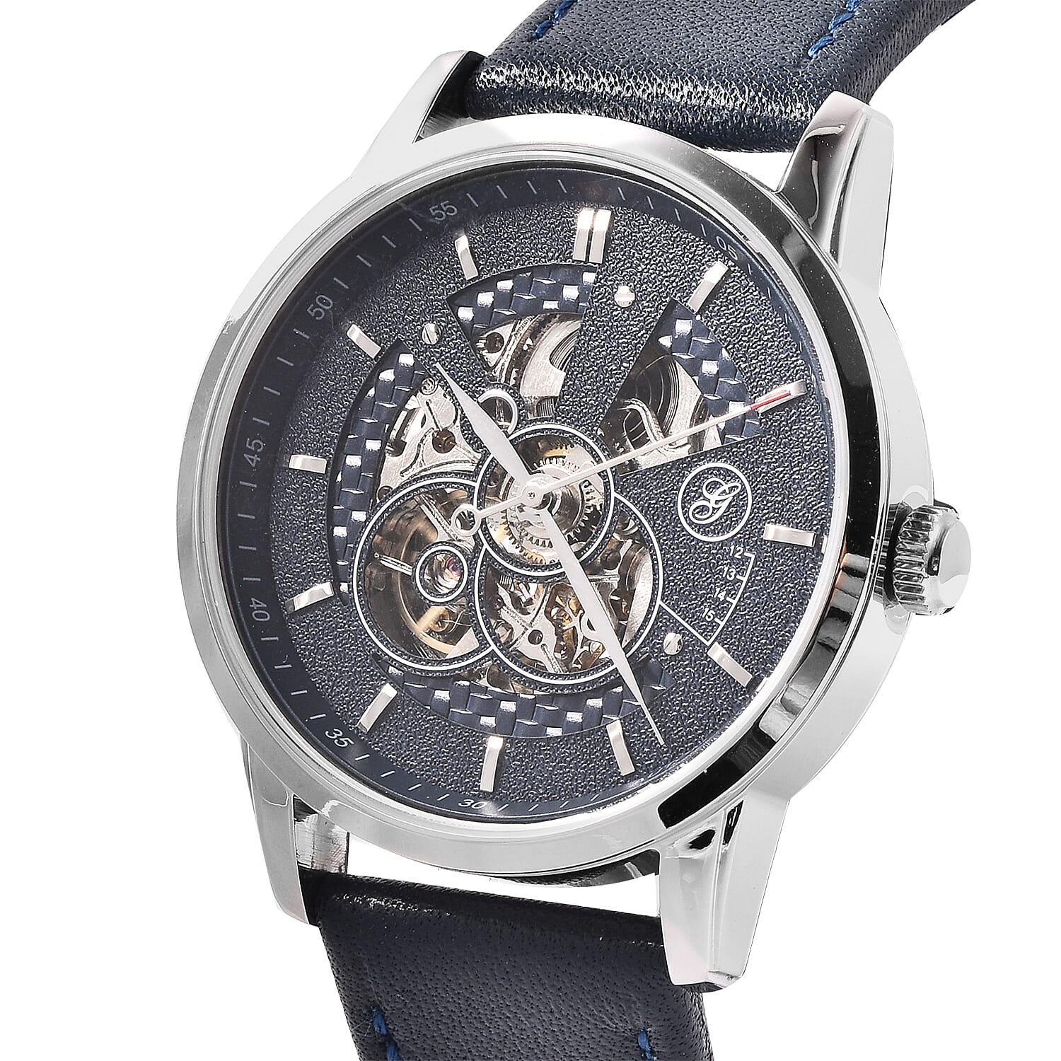 GENOA Classy Mechanical Silver Tone Watch with Navy Blue Strap