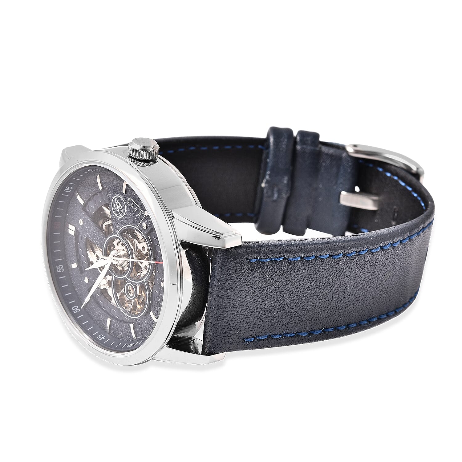 GENOA Classy Mechanical Silver Tone Watch with Navy Blue Strap