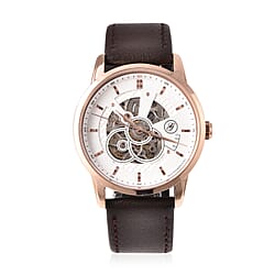 GENOA Classy Mechanical Gold Tone Watch with Brown Leather Strap