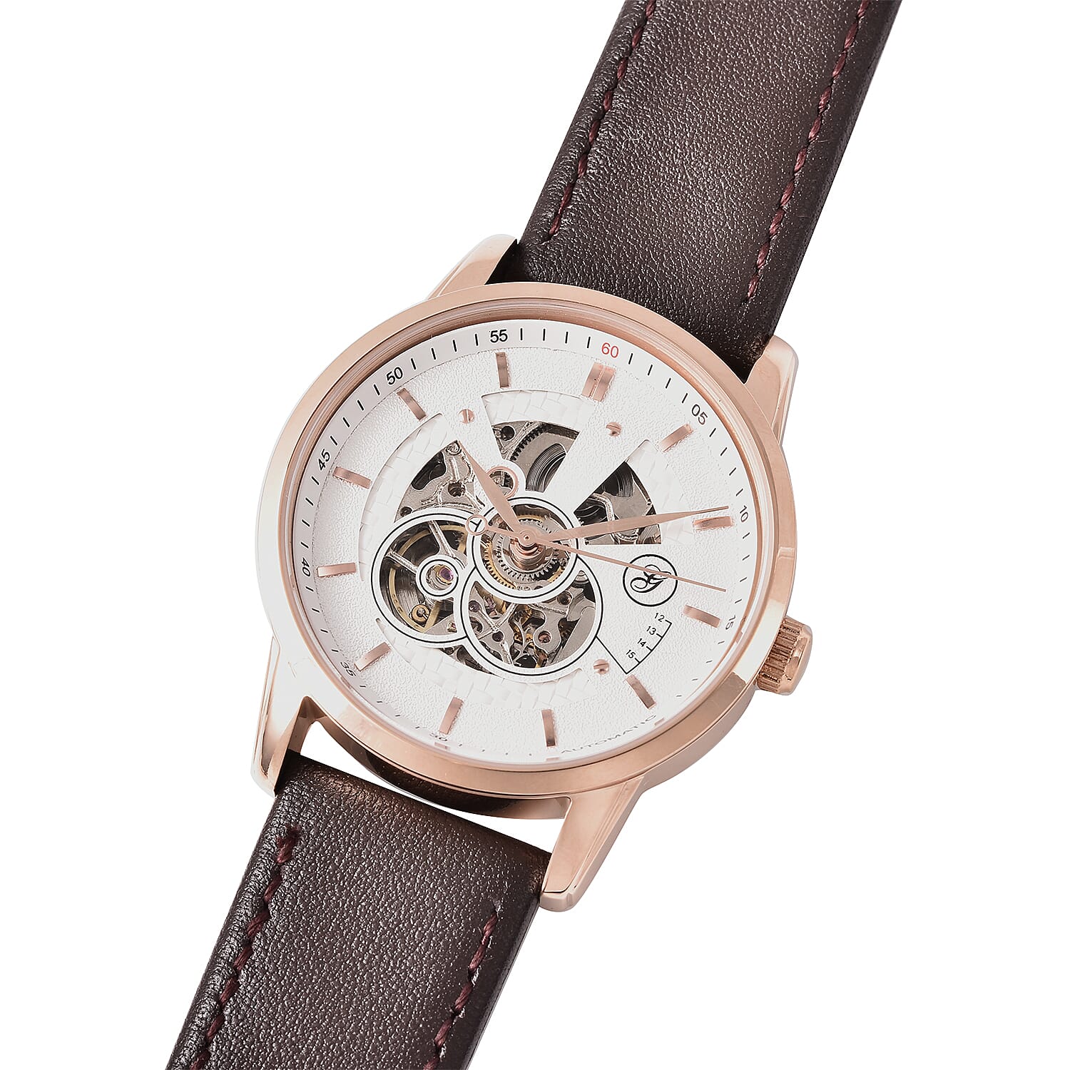 GENOA Classy Mechanical Gold Tone Watch with Brown Leather Strap