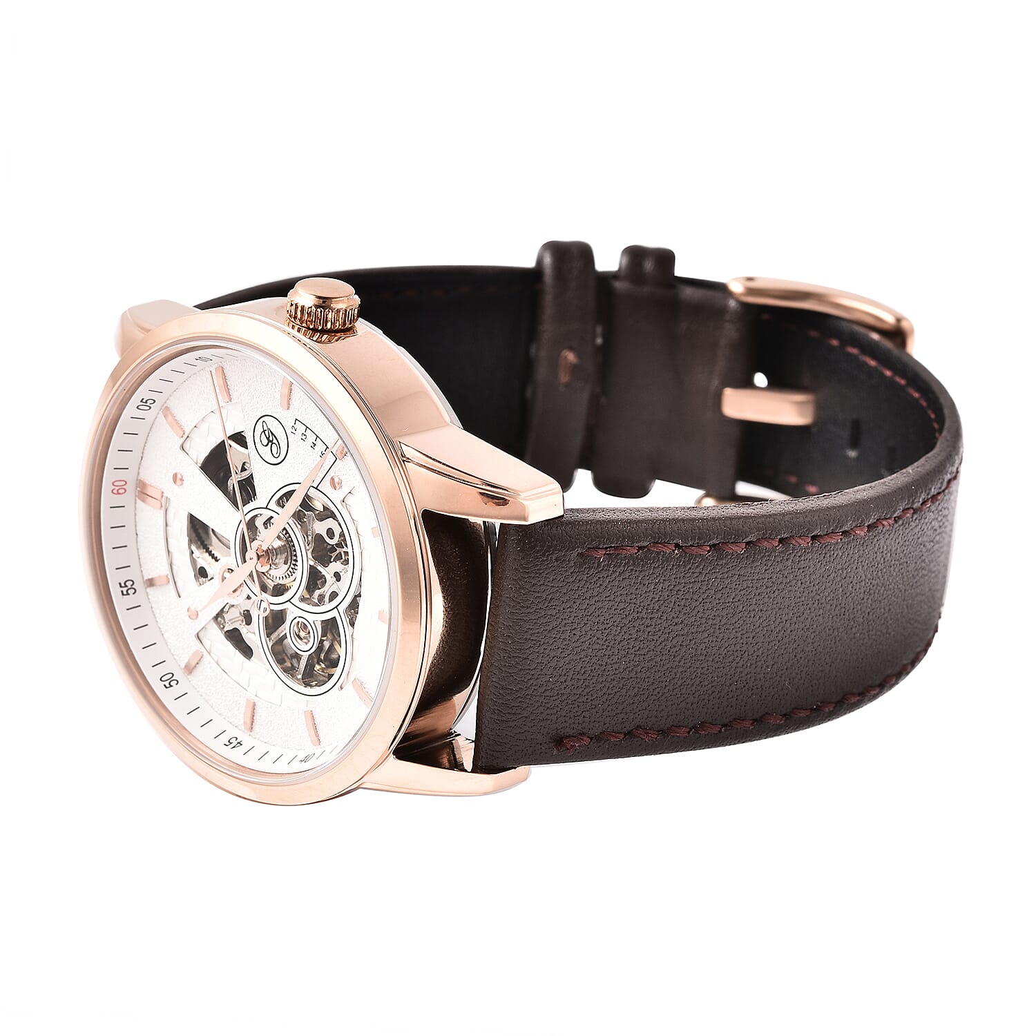 GENOA Classy Mechanical Gold Tone Watch with Brown Leather Strap