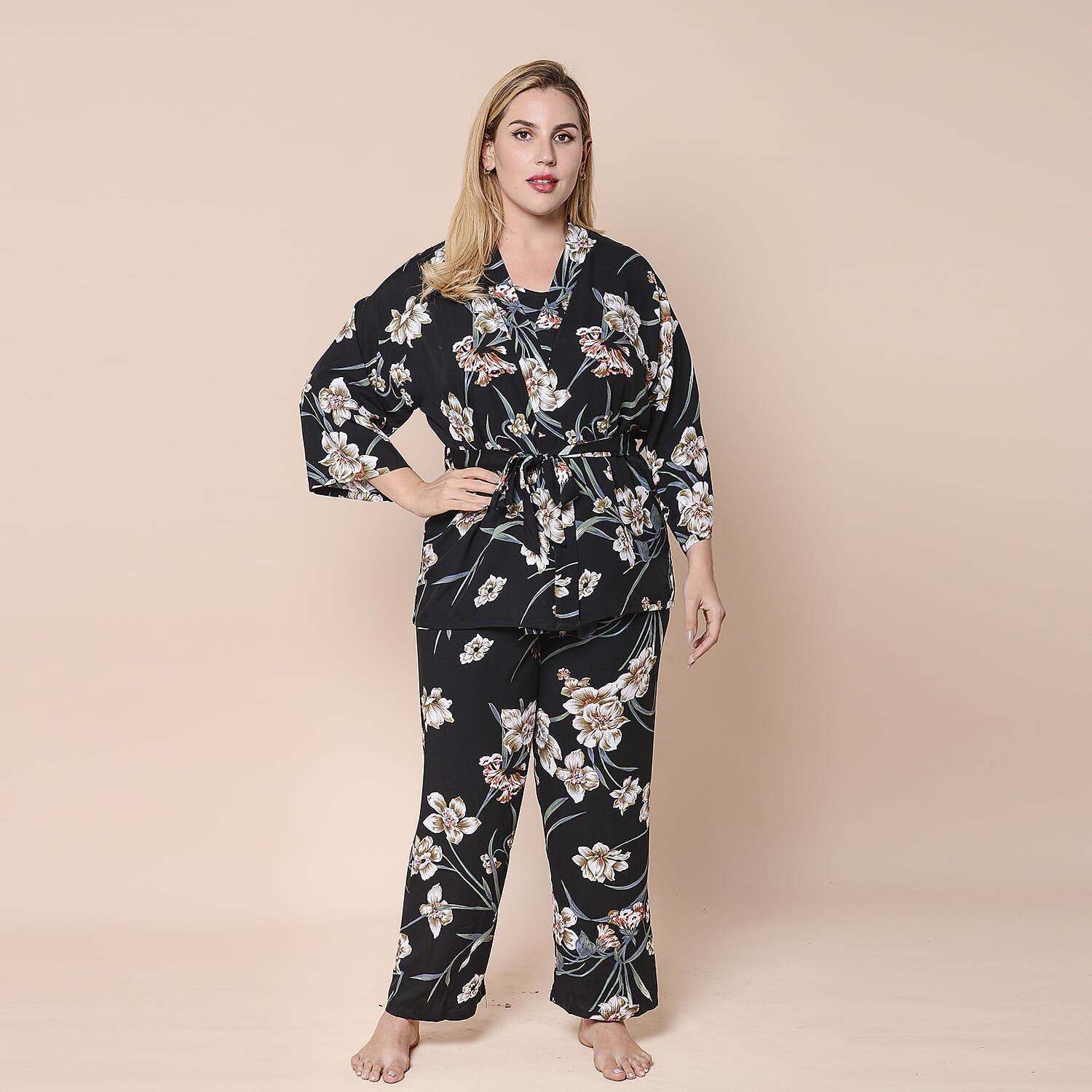 LA MAREY 3 Piece White Floral Pattern on Black Sleepwear Set Inclds Camisole Top Elasticated Trousers and Belted Kimono