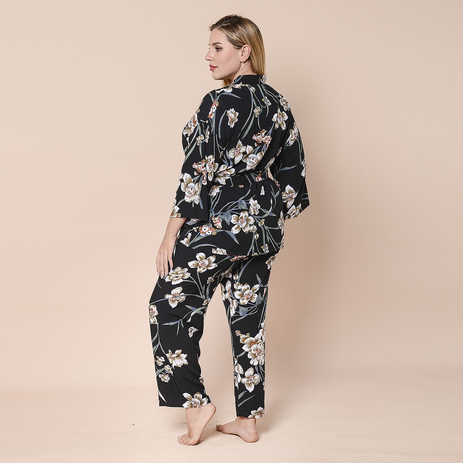 LA MAREY 3 Piece White Floral Pattern on Black Sleepwear Set - Inclds Camisole Top, Elasticated Trousers and Belted Kimono