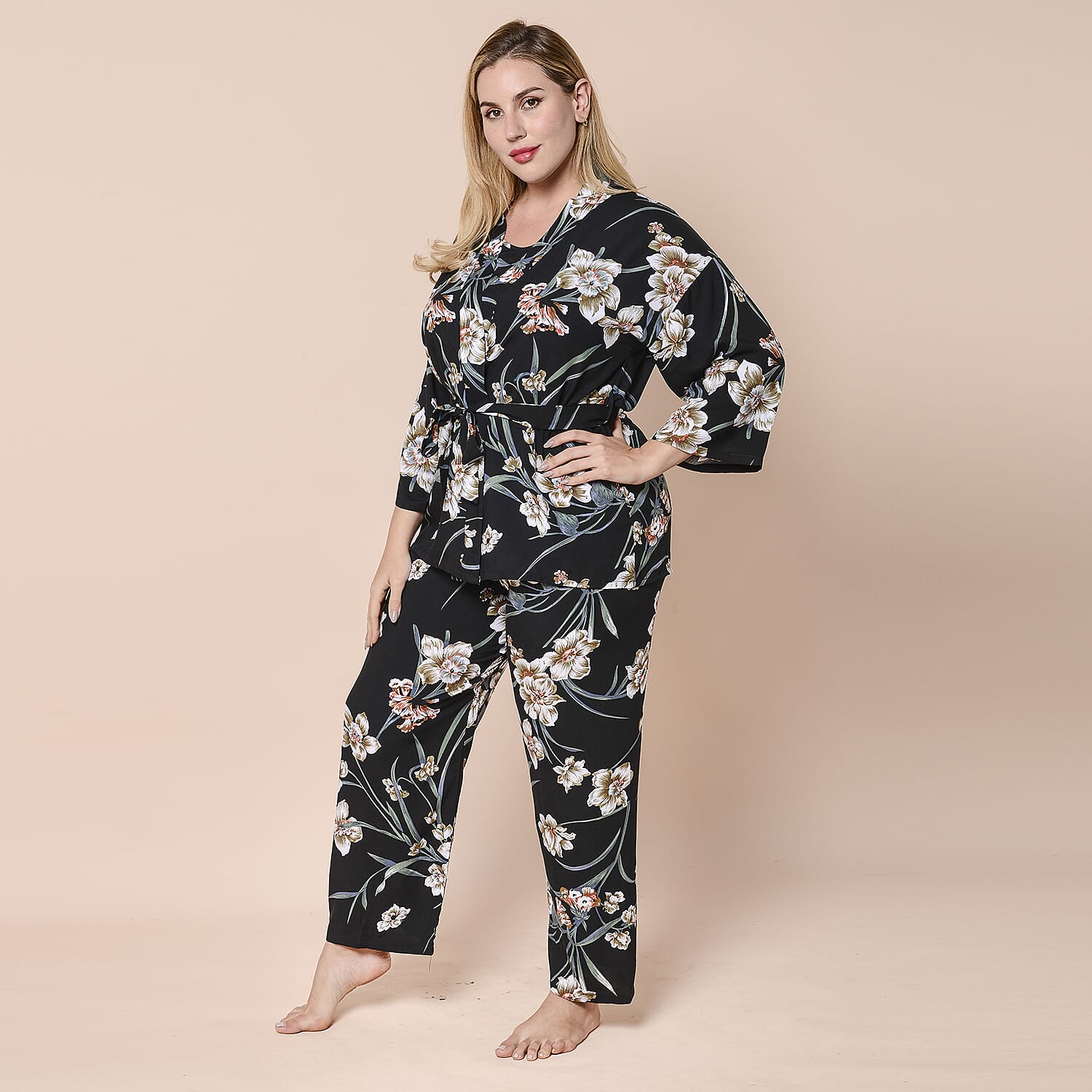 LA MAREY 3 Piece White Floral Pattern on Black Sleepwear Set - Inclds Camisole Top, Elasticated Trousers and Belted Kimono