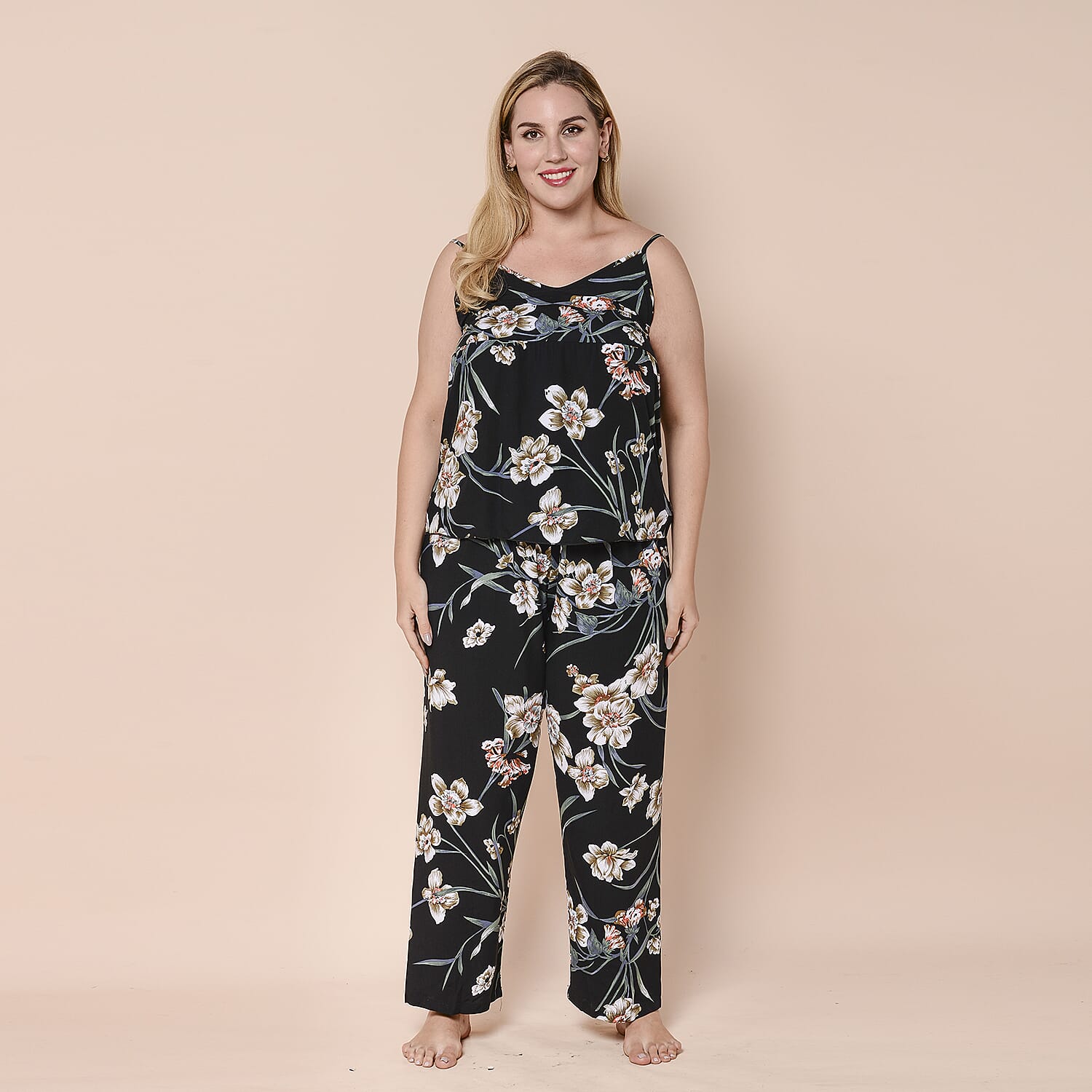 LA MAREY 3 Piece White Floral Pattern on Black Sleepwear Set - Inclds Camisole Top, Elasticated Trousers and Belted Kimono