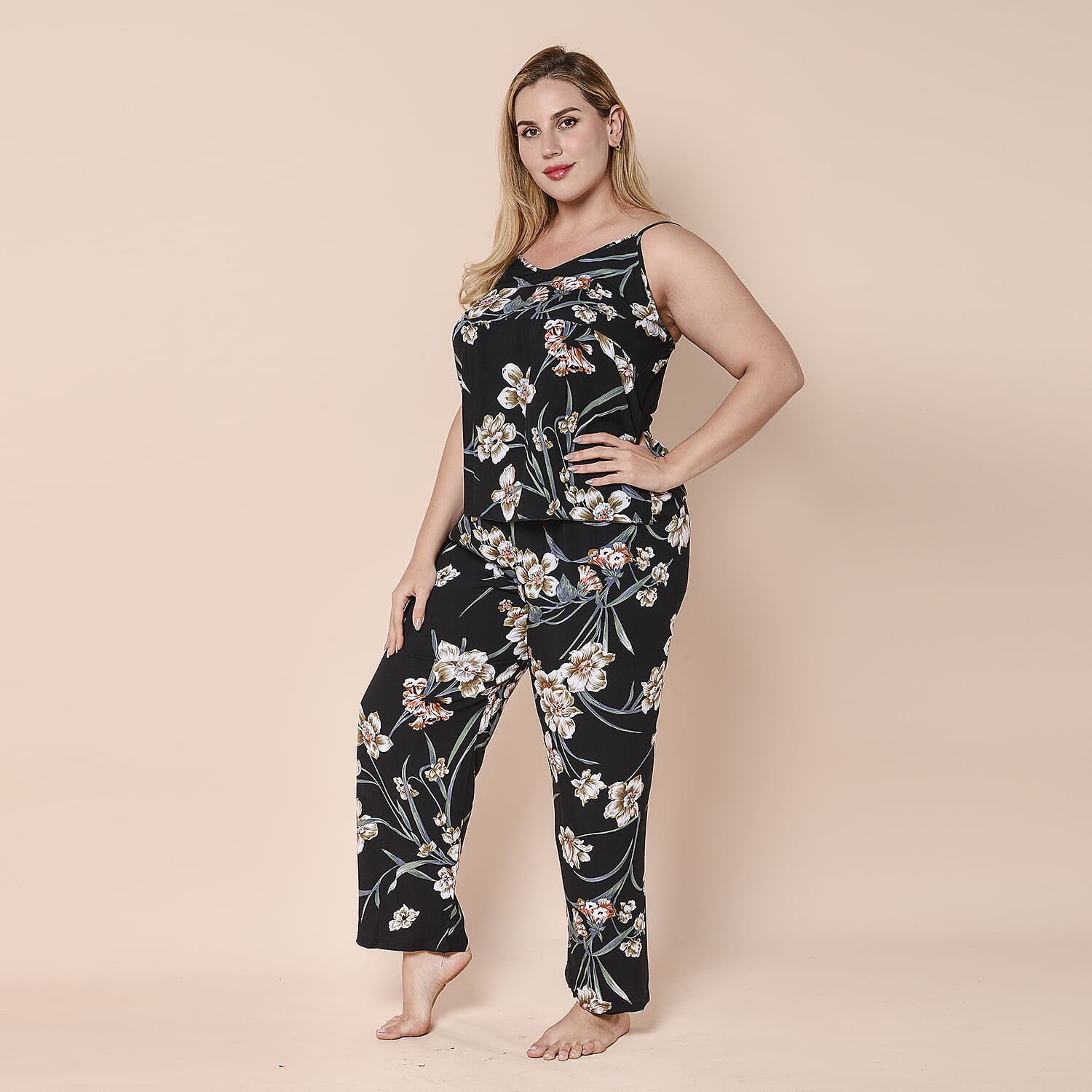 LA MAREY 3 Piece White Floral Pattern on Black Sleepwear Set - Inclds Camisole Top, Elasticated Trousers and Belted Kimono