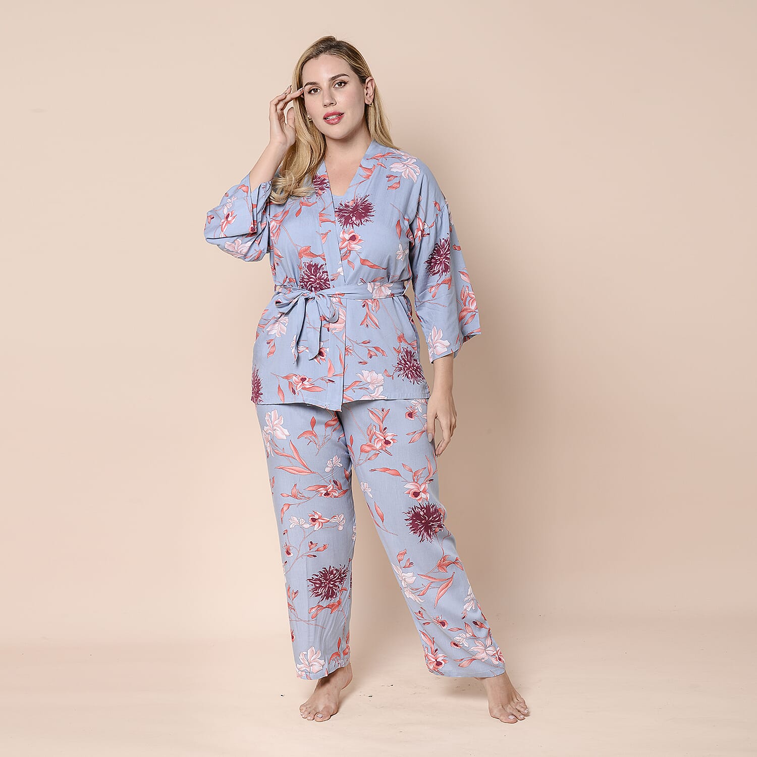 LA MAREY 100% Viscose 3 Piece Red Floral Pattern on Blue Sleepwear Set - Inclds Camisole Top, Elasticated Trousers and Belted Kimono (Size up to 16)