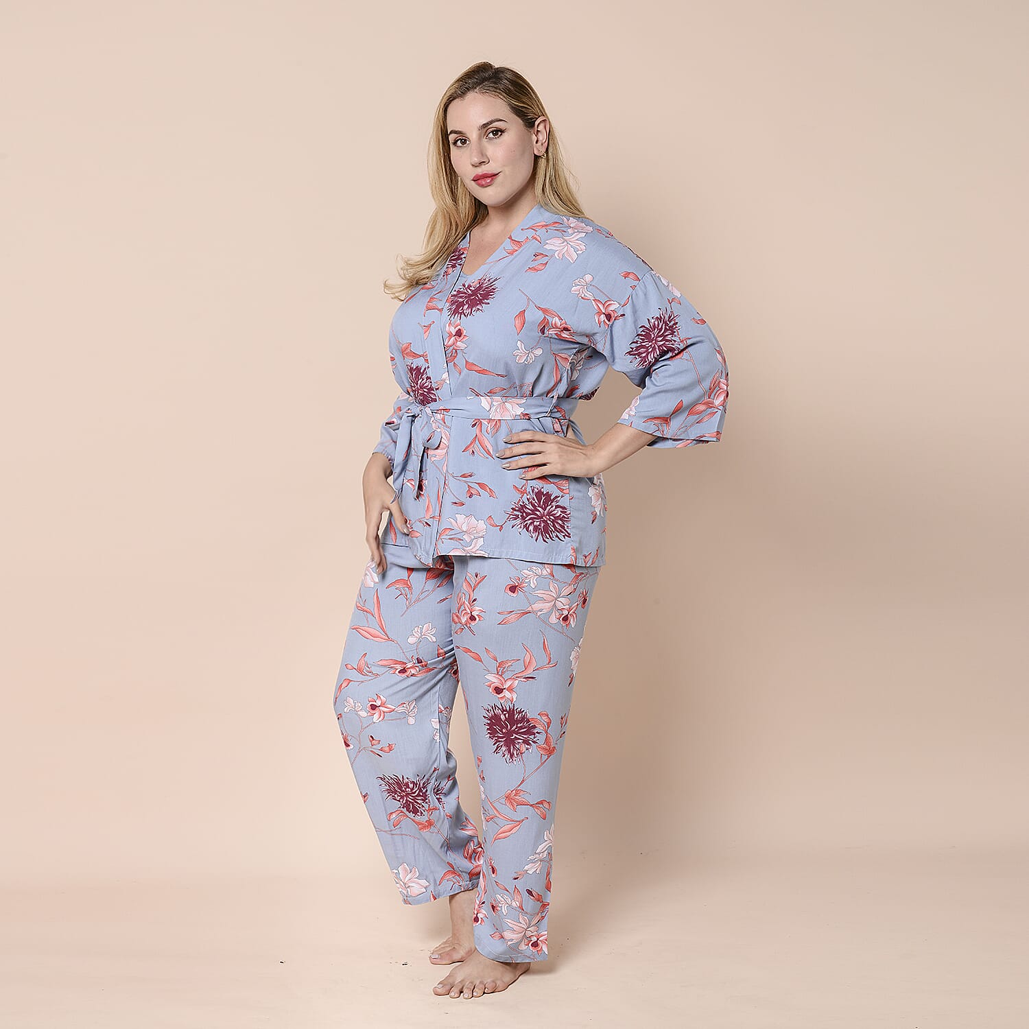 LA MAREY 100% Viscose 3 Piece Red Floral Pattern on Blue Sleepwear Set - Inclds Camisole Top, Elasticated Trousers and Belted Kimono (Size up to 16)
