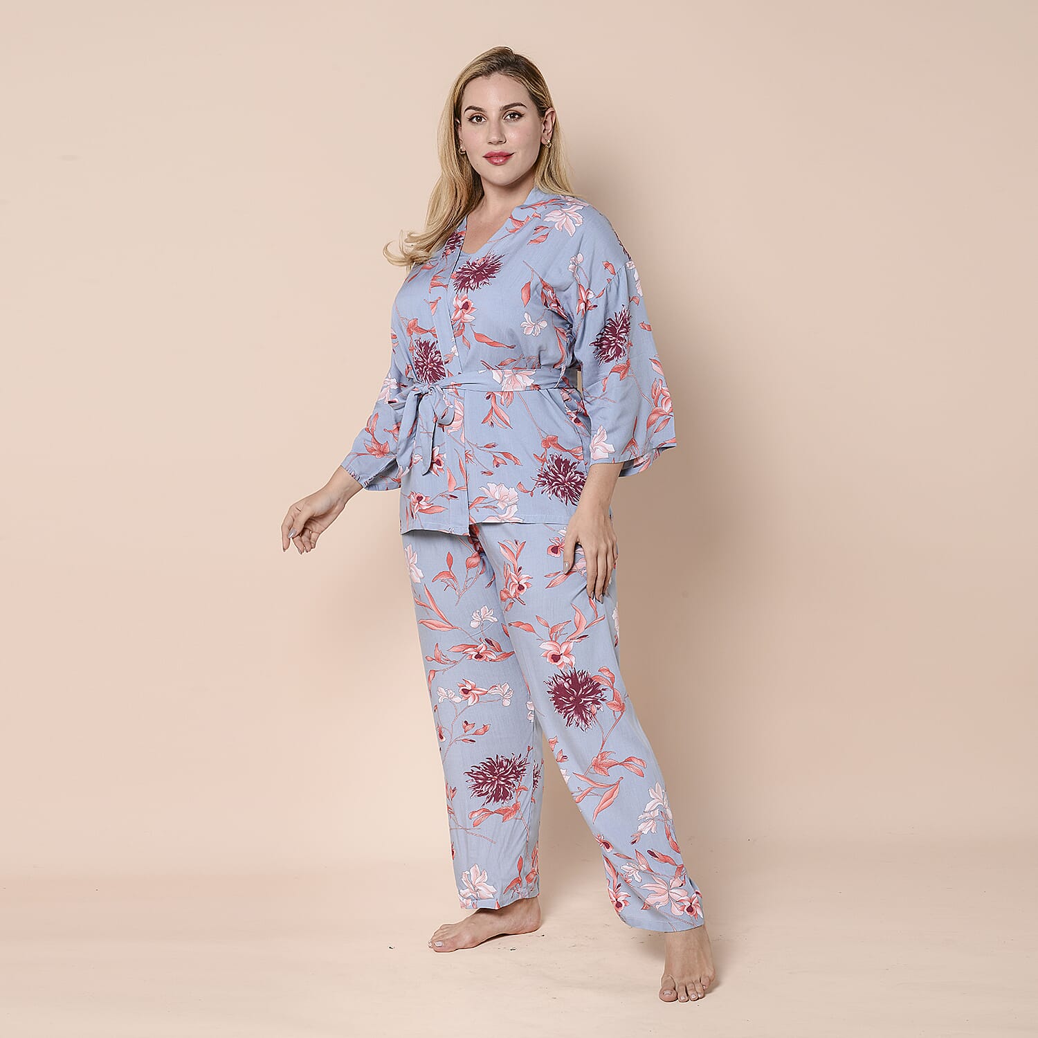 LA MAREY 100% Viscose 3 Piece Red Floral Pattern on Blue Sleepwear Set - Inclds Camisole Top, Elasticated Trousers and Belted Kimono (Size up to 16)