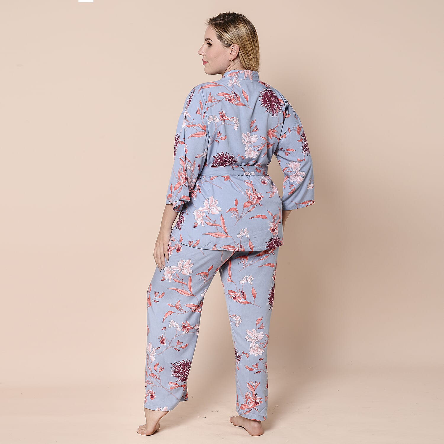 LA MAREY 100% Viscose 3 Piece Red Floral Pattern on Blue Sleepwear Set - Inclds Camisole Top, Elasticated Trousers and Belted Kimono (Size up to 16)