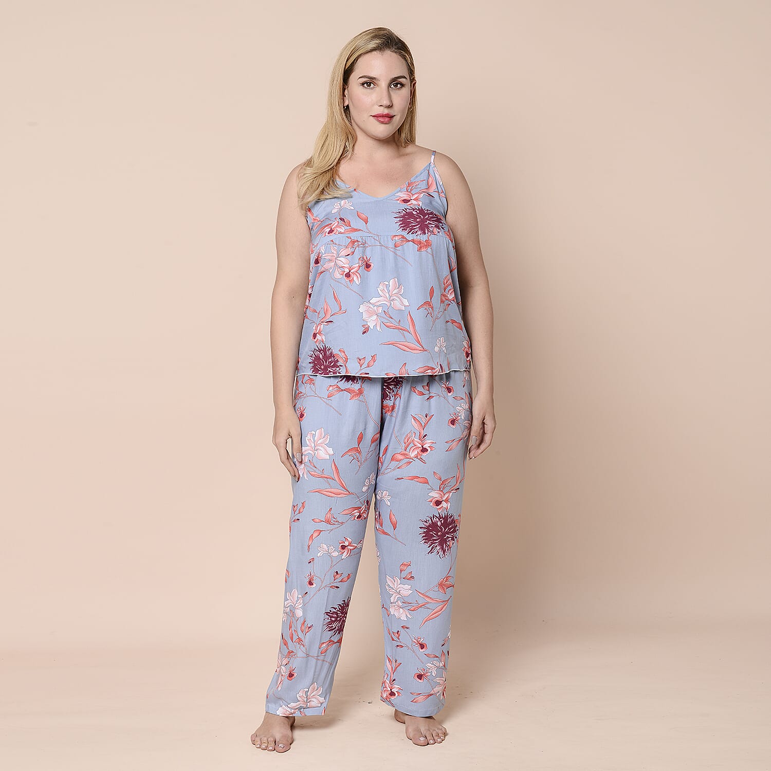LA MAREY 100% Viscose 3 Piece Red Floral Pattern on Blue Sleepwear Set - Inclds Camisole Top, Elasticated Trousers and Belted Kimono (Size up to 16)