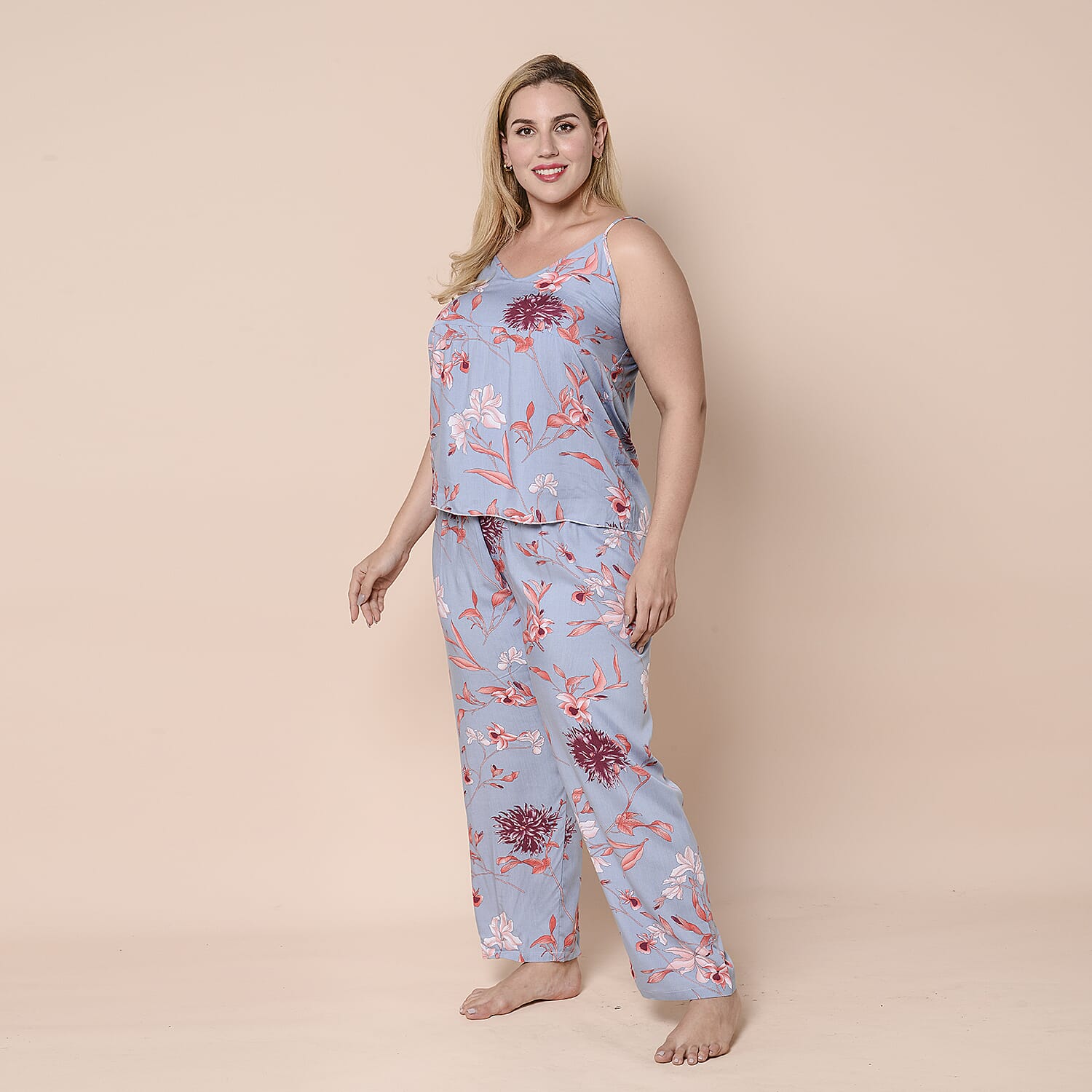LA MAREY 100% Viscose 3 Piece Red Floral Pattern on Blue Sleepwear Set - Inclds Camisole Top, Elasticated Trousers and Belted Kimono (Size up to 16)