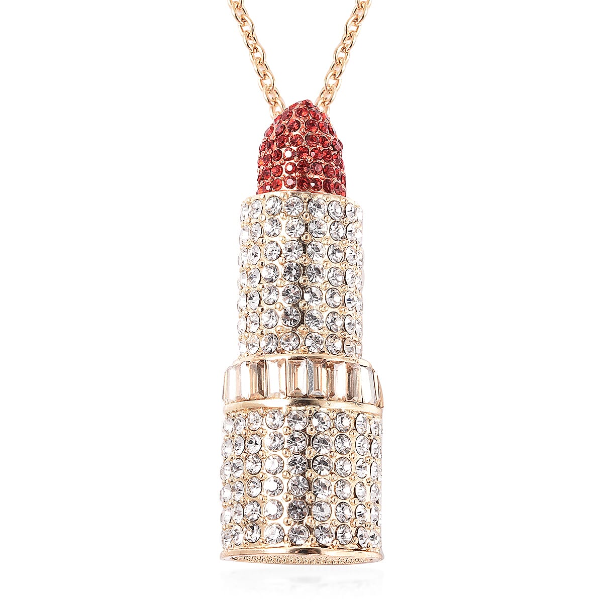 Simulated Champagne, Red and White Austrian Crystal Lipstick Pendant with Chain (Size 30 with 3 inch Extender) in Yellow Gold Tone