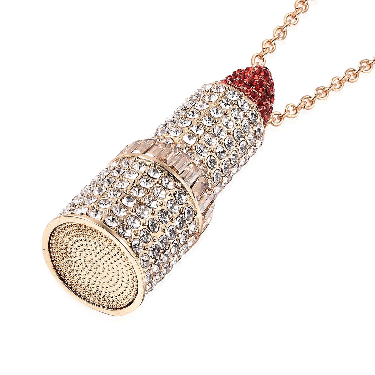 Simulated Champagne, Red and White Austrian Crystal Lipstick Pendant with Chain (Size 30 with 3 inch Extender) in Yellow Gold Tone
