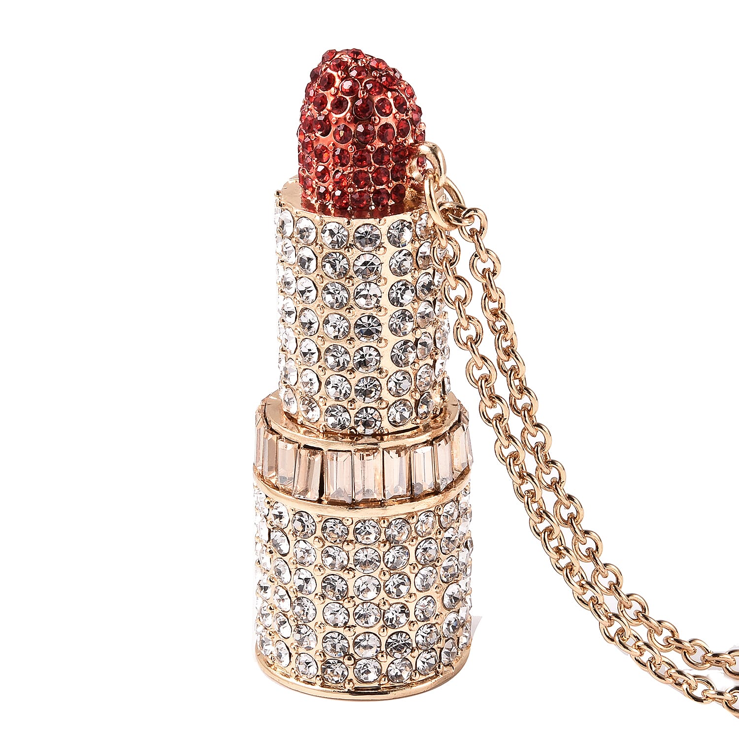 Simulated Champagne, Red and White Austrian Crystal Lipstick Pendant with Chain (Size 30 with 3 inch Extender) in Yellow Gold Tone