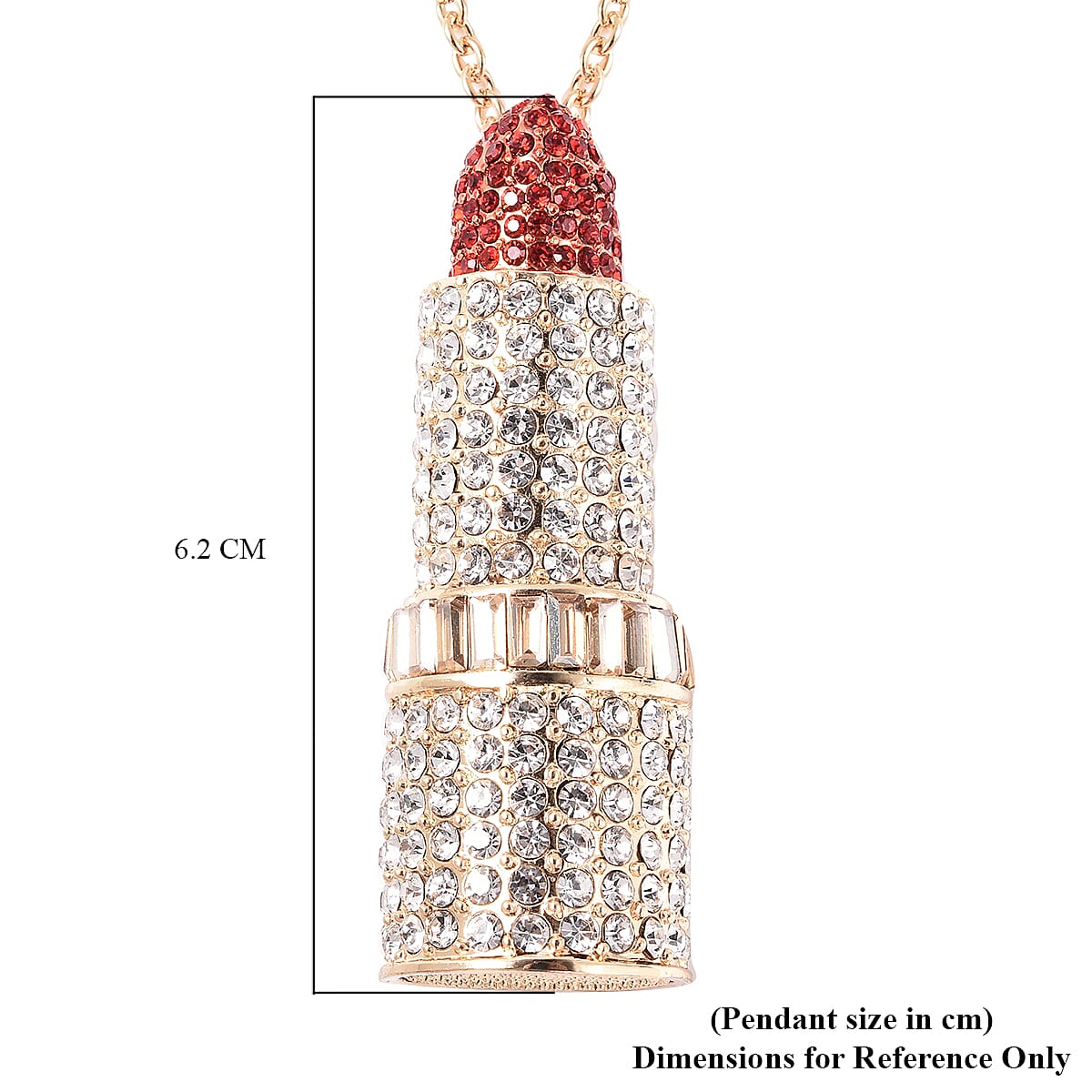 Simulated Champagne, Red and White Austrian Crystal Lipstick Pendant with Chain (Size 30 with 3 inch Extender) in Yellow Gold Tone