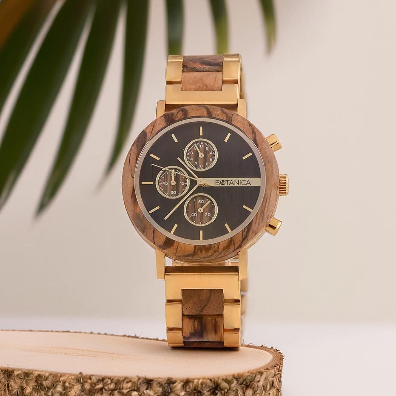 Botanica Goldthorn Zebrano Wood Miyota Movement Watch - Brown and Gold