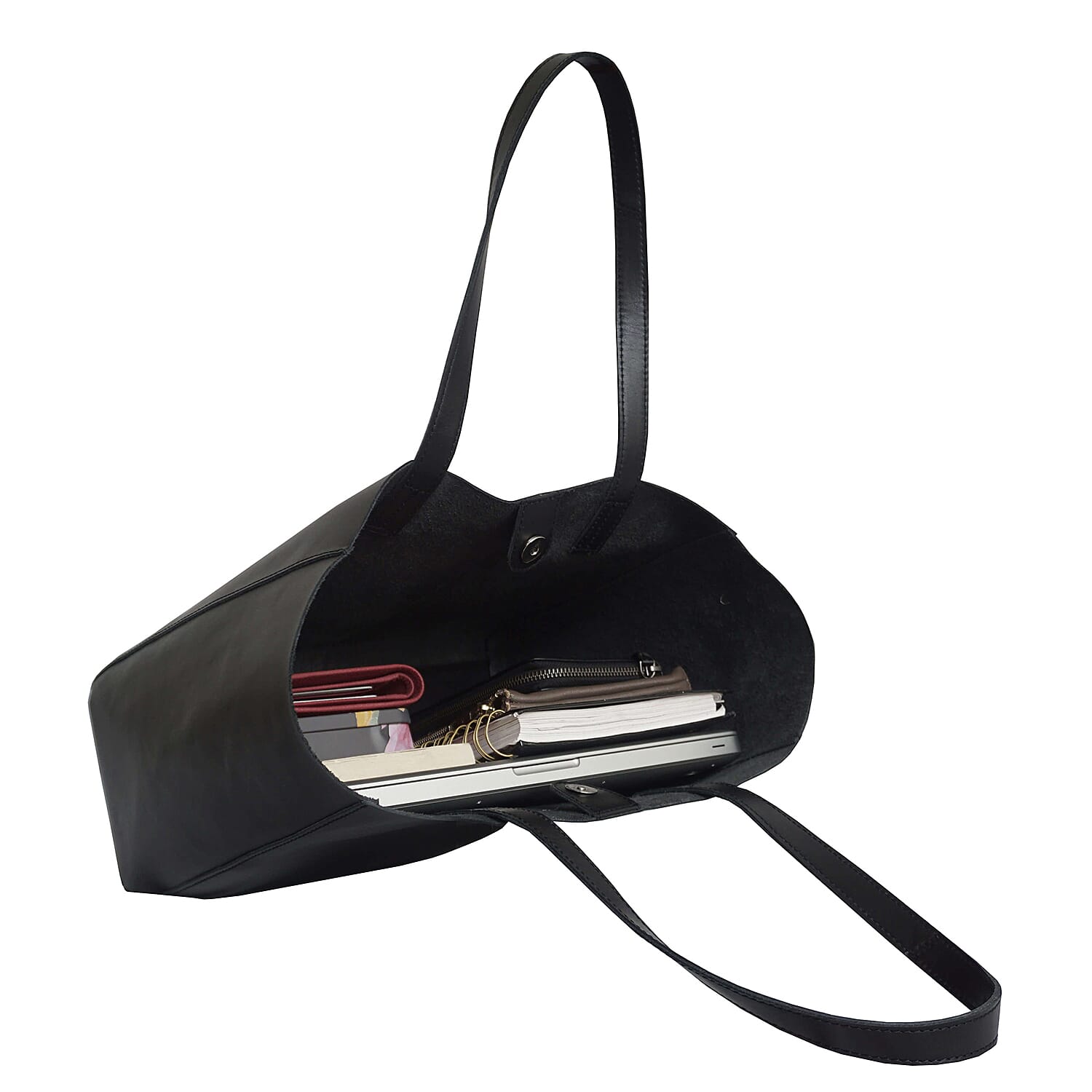 Assots London Abingdon Full Grain 100% Genuine Leather Tote Bag with Magnetic Closure (Size 32x12x28cm) - Black